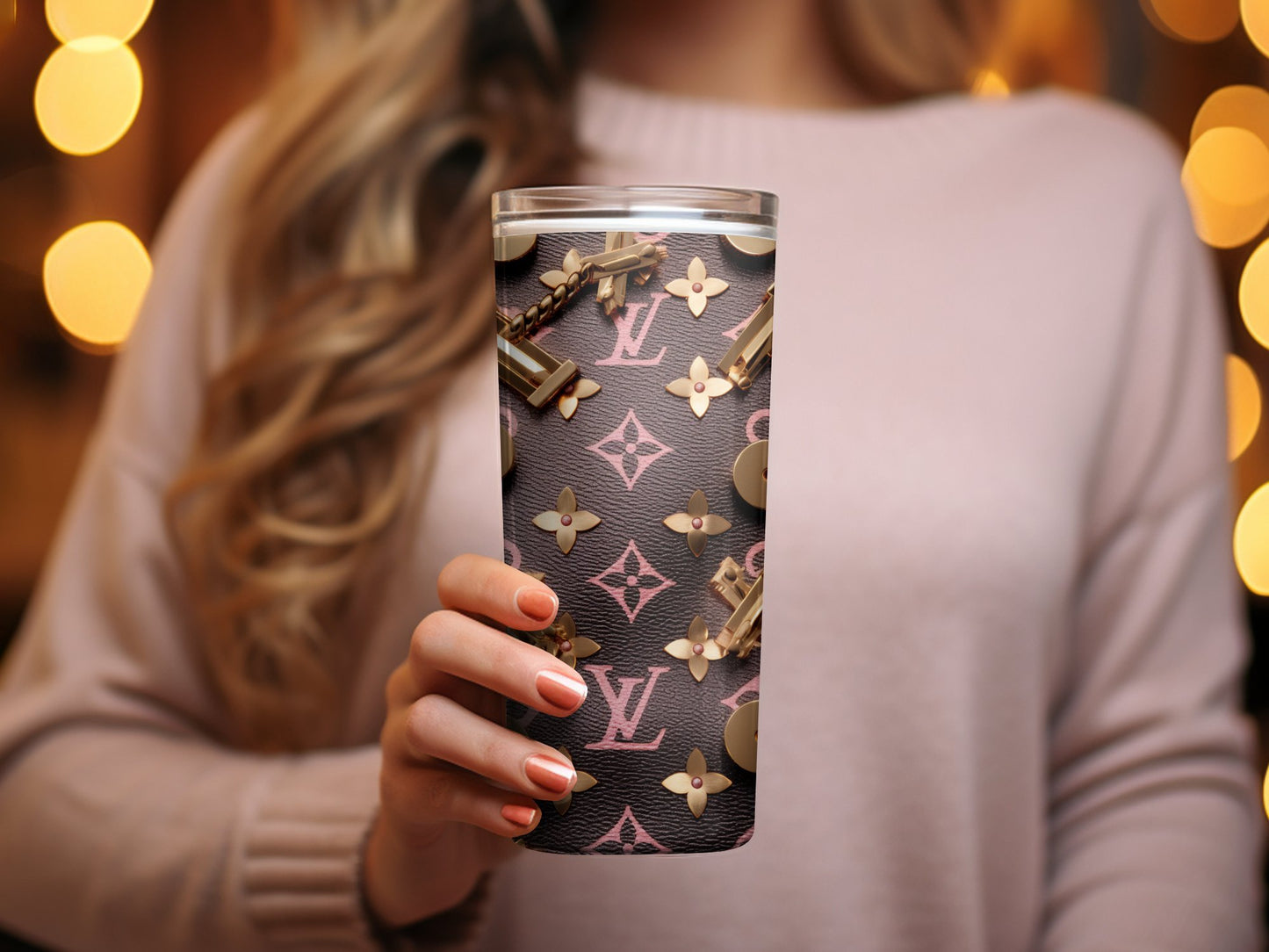 Designer Inspired Gold Emblems on Pink Tumbler, Elegant Drinkware for Fashion Lovers