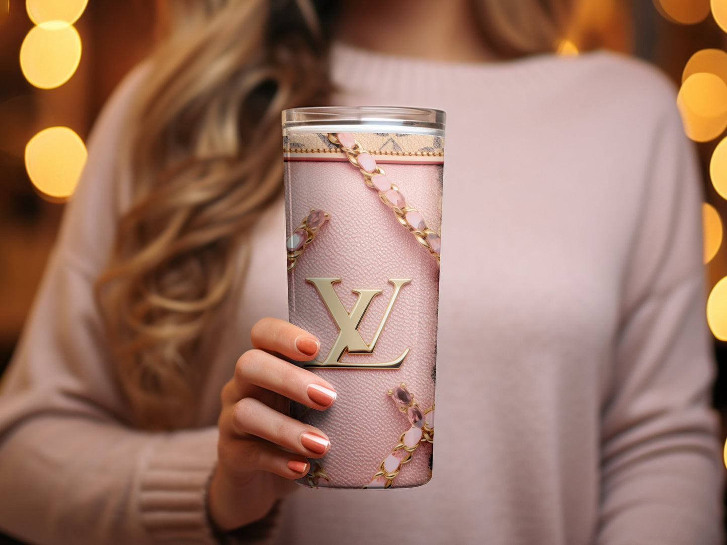 Designer Inspired Tumbler, Pink Luxury Chain Pattern, High-End Fashion Drinkware, Elegant Gift