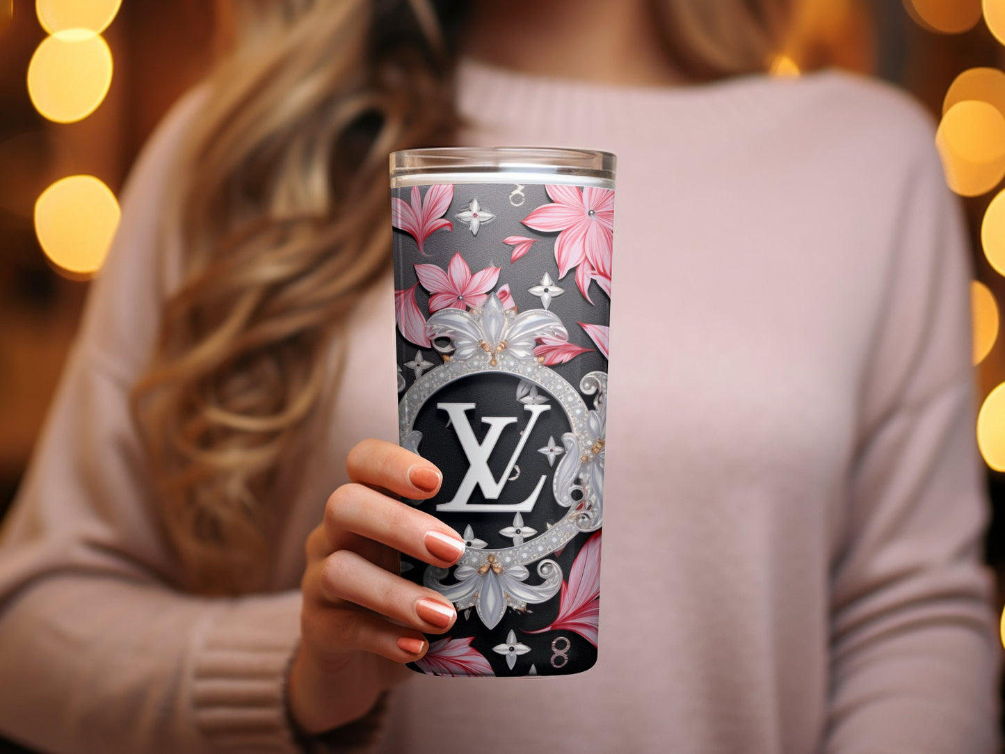 Designer Inspired Floral Pattern Tumbler, Personalized Gift, Elegant Drinkware, Custom Monogram