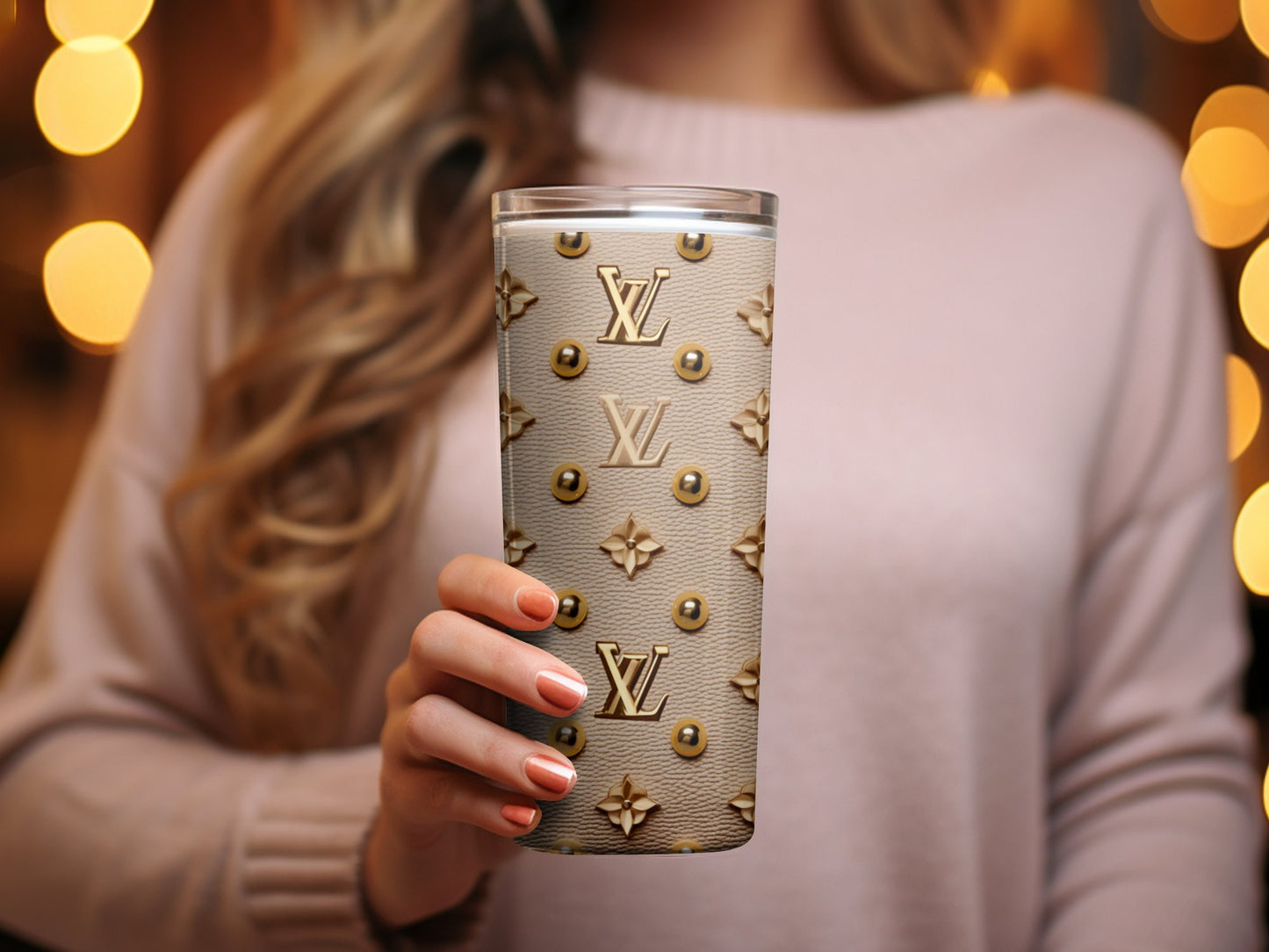 Designer Inspired Pattern Tumbler, Luxury Fashion Print Travel Cup, Chic Gold Emblem Stainless Steel Mug, Gift Idea