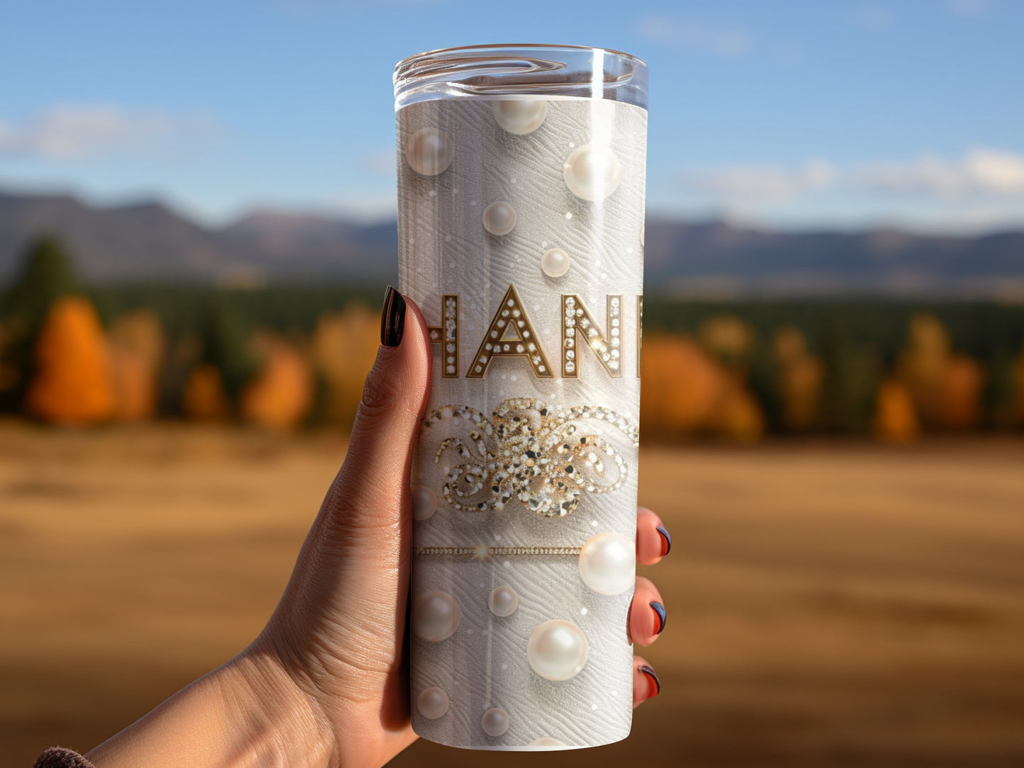 20oz Skinny White Beige Crystal Chanel Tumbler Wrap Fashion Tumbler Wrap Luxury Tumbler Wrap Glitter Tumbler Wrap