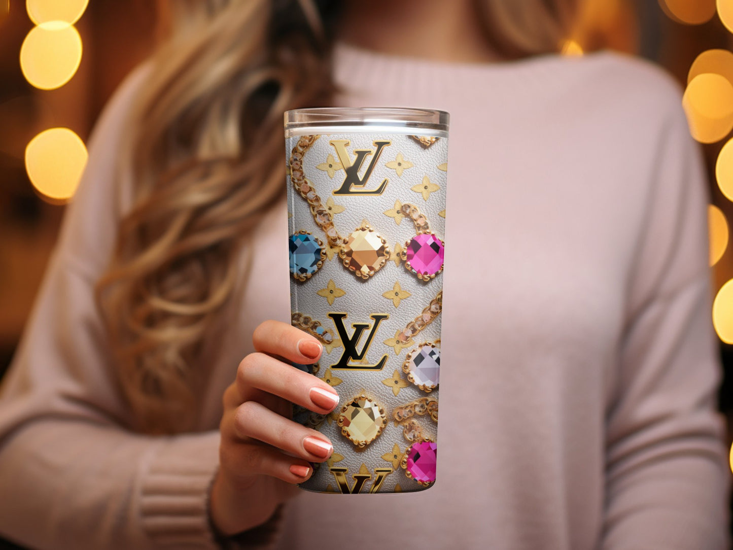 Luxury Inspired Tumbler, Fashion Designer Logo Theme, Rhinestone Glitter Cup, Gold Bling Travel Mug, Elegant Gift for Her, Chic Coffee