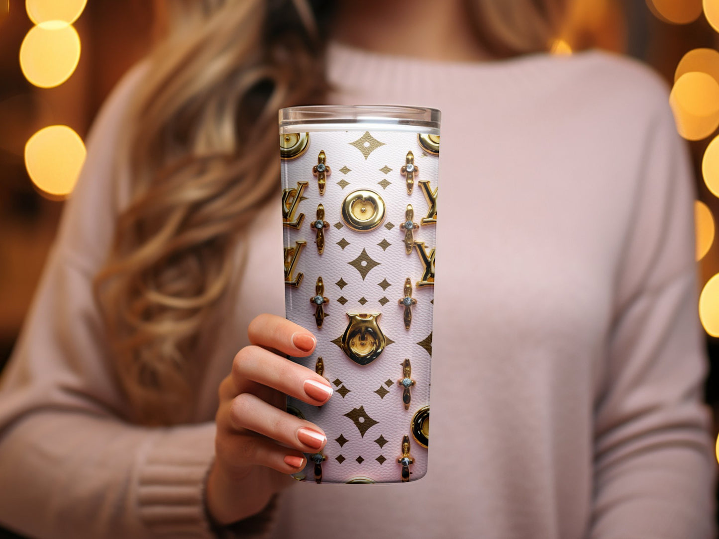 Designer Inspired Pink Studded Tumbler, Luxury Fashion Coffee Cup, Travel Mug, Gift for Her, Trendy Drinkware Accessory, Elegant Cup