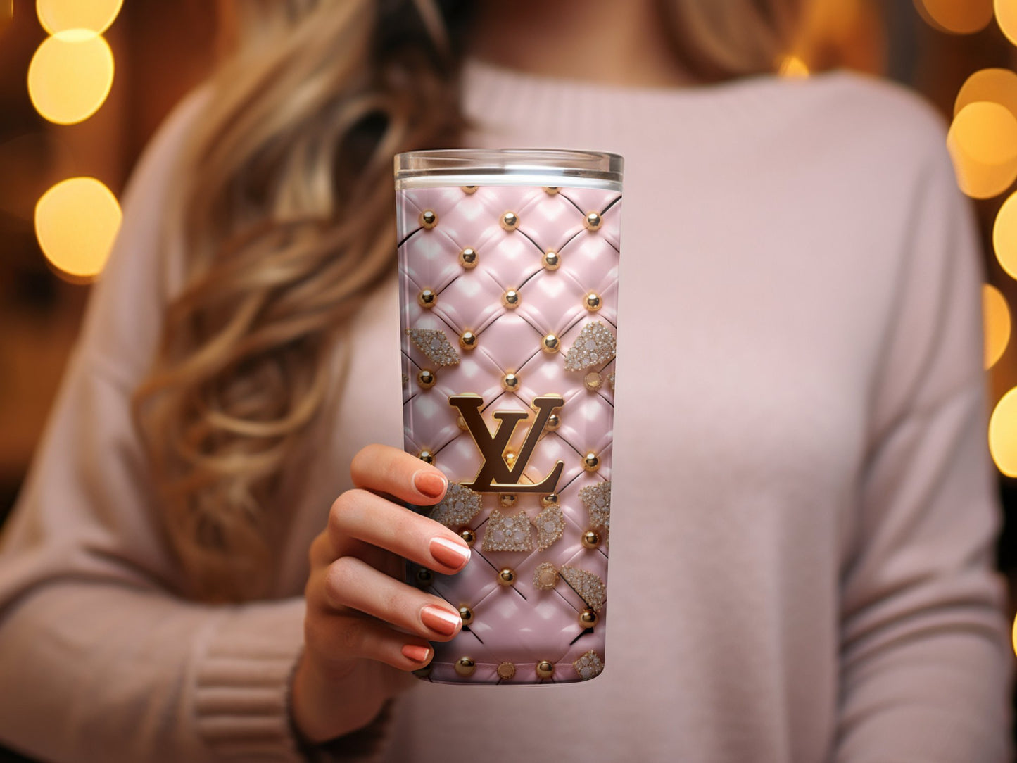 Luxurious Pink Quilted Tumbler with Golden Accents and Butterflies Design