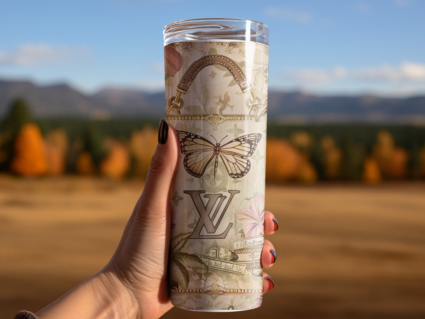 Vintage Shabby Chic Butterfly 20oz Skinny Louis Vuitton Tumbler Wrap Fashion Tumbler Wrap Luxury Tumbler Wrap Glitter Tumbler Wrap