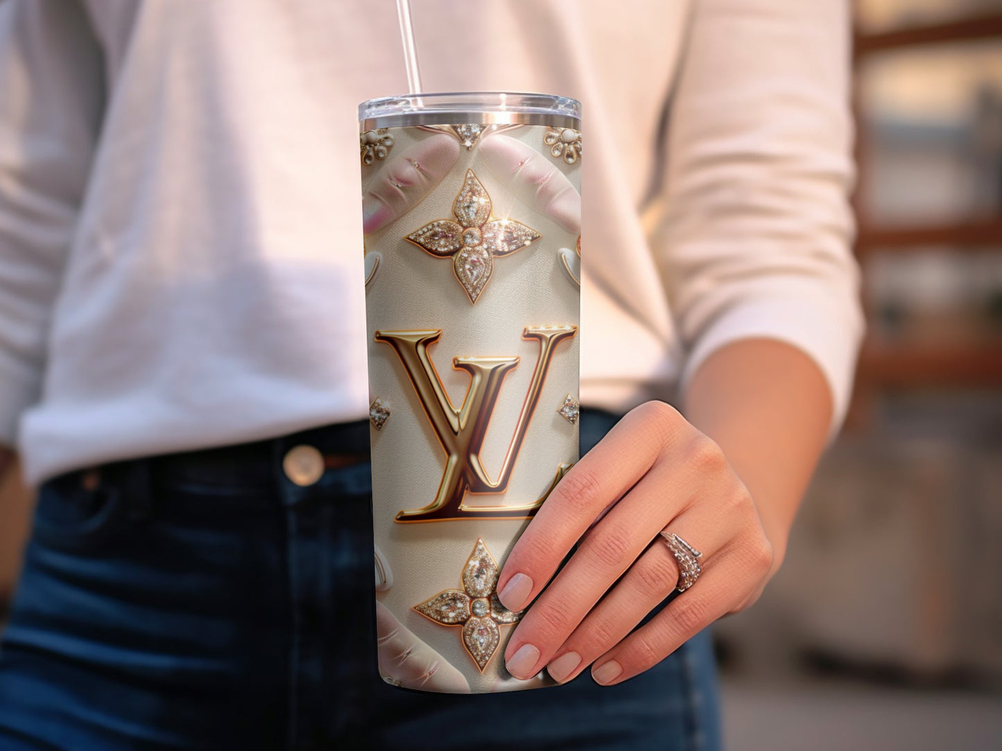 Beige Pink Gold 20oz Skinny Louis Vuitton Tumbler Wrap Fashion Tumbler Wrap Luxury Tumbler Wrap Glitter Tumbler Wrap