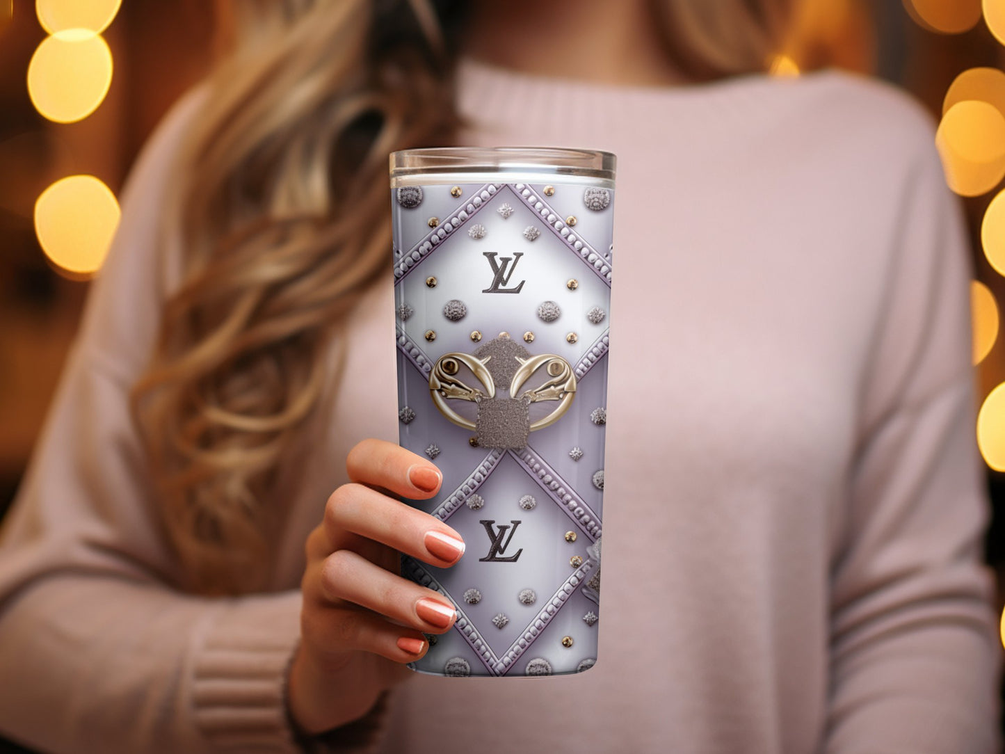 Luxury Brand Inspired Tumbler, Elegant Purple and Gold Quilted Design, Unique Gift Idea