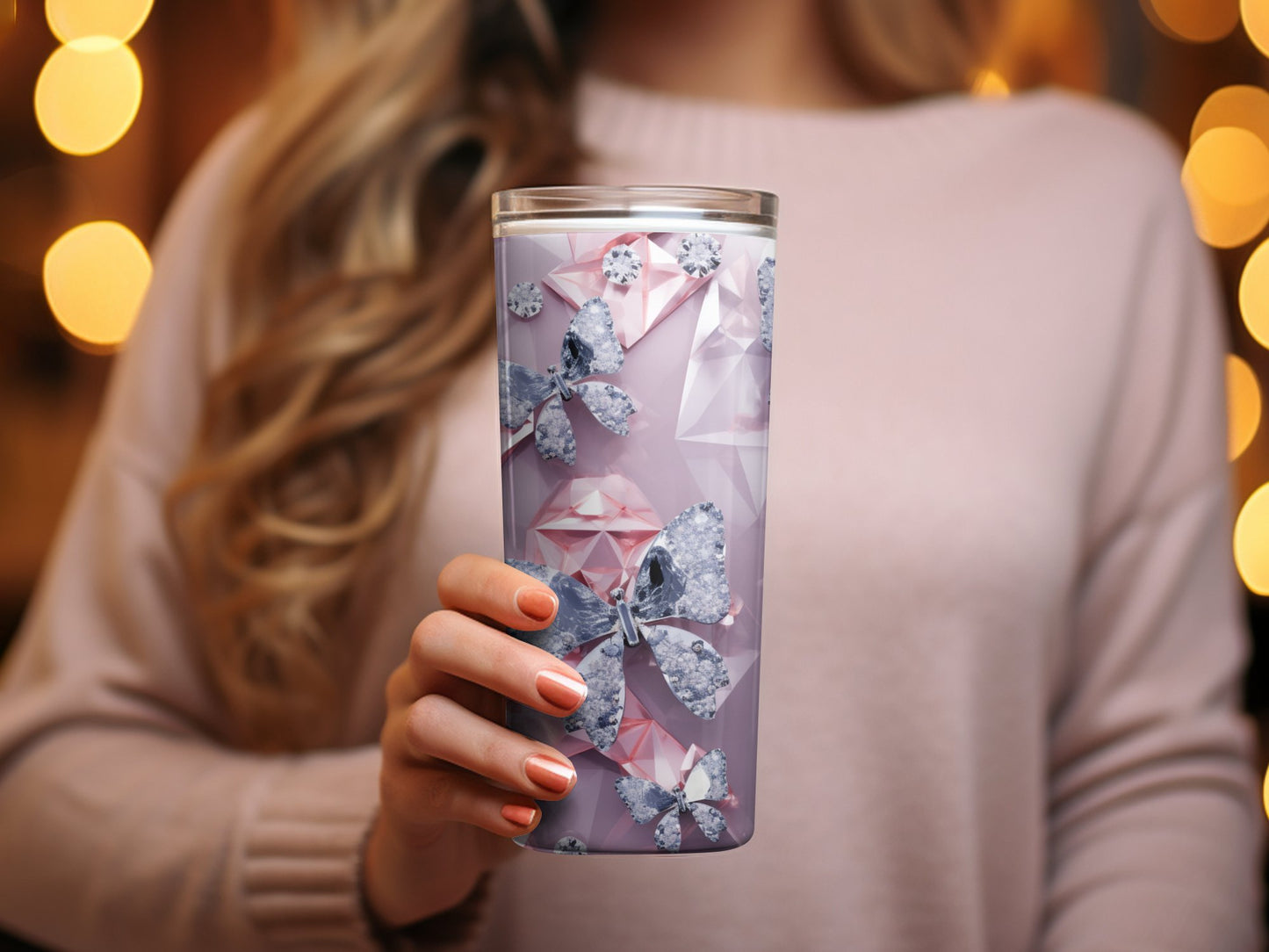 Butterfly Gemstone Print Tumbler, Insulated Travel Cup, Sparkling Crystal Design, Unique Drinkware, Gift for Nature Lovers