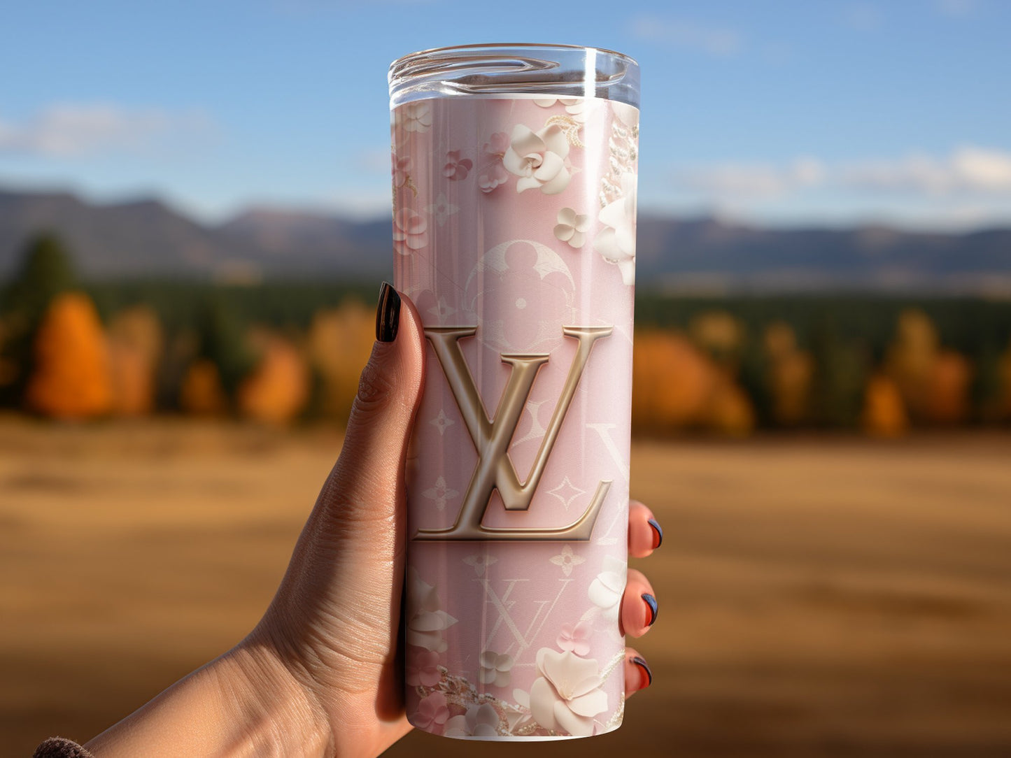 Pastel Floral Pink Flower 20oz Skinny Louis Vuitton Tumbler Wrap Fashion Tumbler Wrap Luxury Tumbler Wrap Glitter Tumbler Wrap