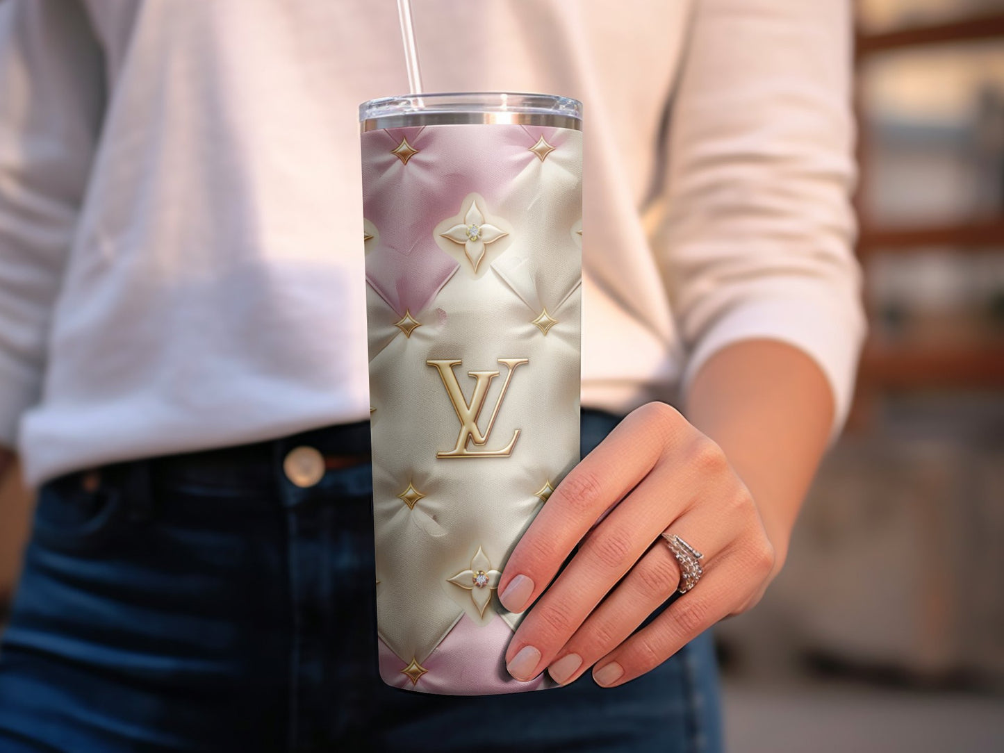 Beige Pink Gold Logo 20oz Skinny Louis Vuitton Tumbler Wrap Fashion Tumbler Wrap Luxury Tumbler Wrap Glitter Tumbler Wrap