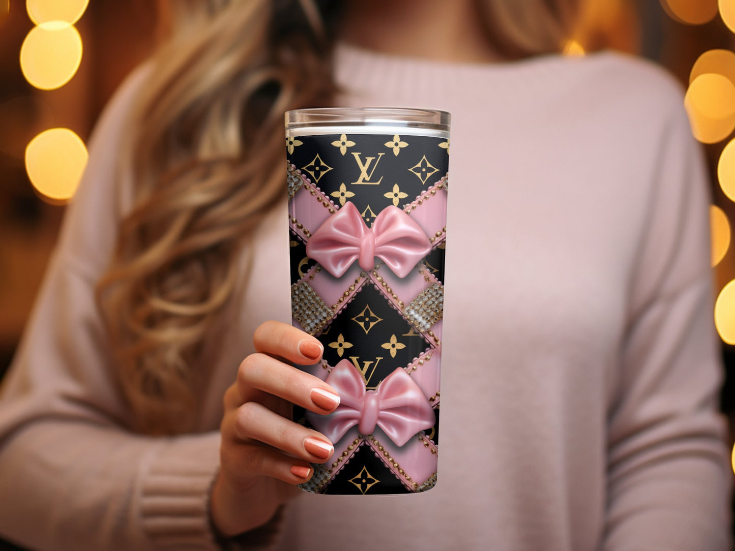 Luxurious Pattern Tumbler with Pink Bows and Elegant Emblem Design, Gift Idea