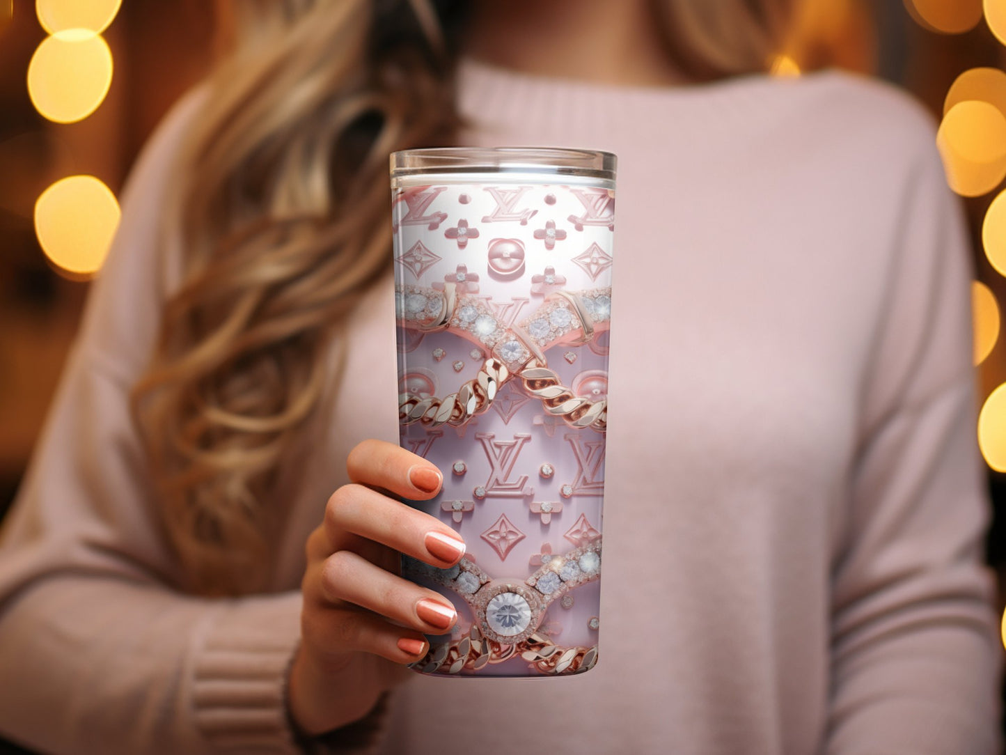 Elegant Pink Tumbler with Stylish Gold Chain and Gemstone Design, Chic Travel Cup, Insulated Drinkware Accessory