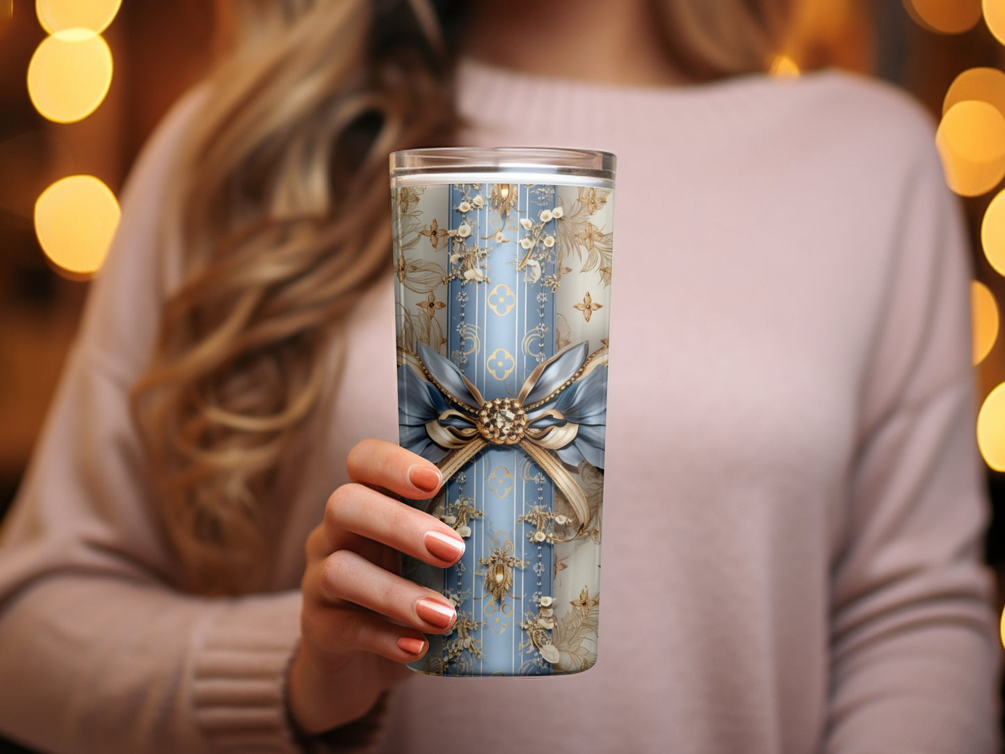 Elegant Blue and Gold Floral Tumbler, Luxury Drinkware, Designer Inspired Insulated Cup, Unique Gift for Her, Chic Office Accessory