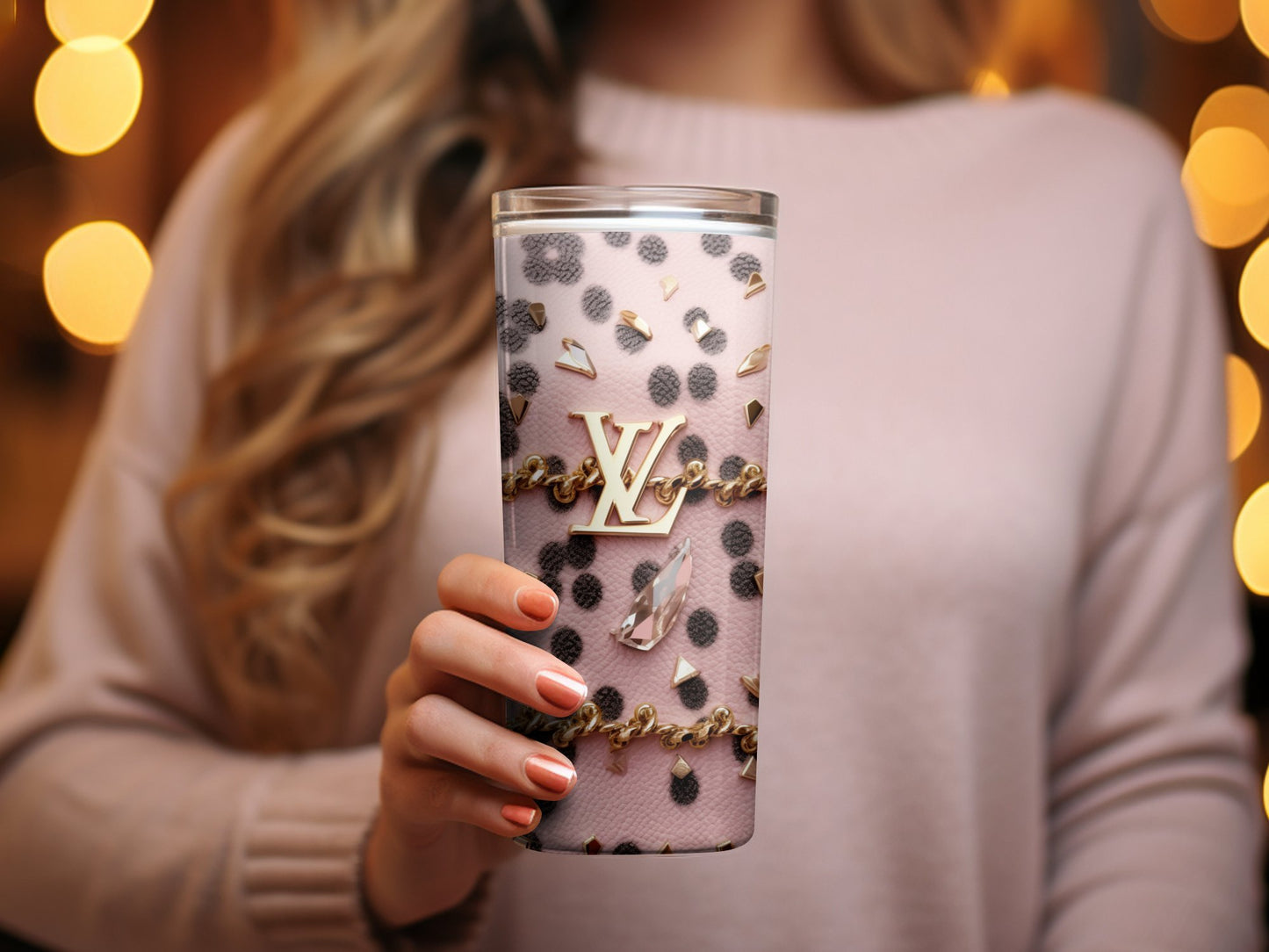 Designer Inspired Tumbler, Pink Luxury Chain Pattern, High-End Fashion Drinkware, Elegant Gift