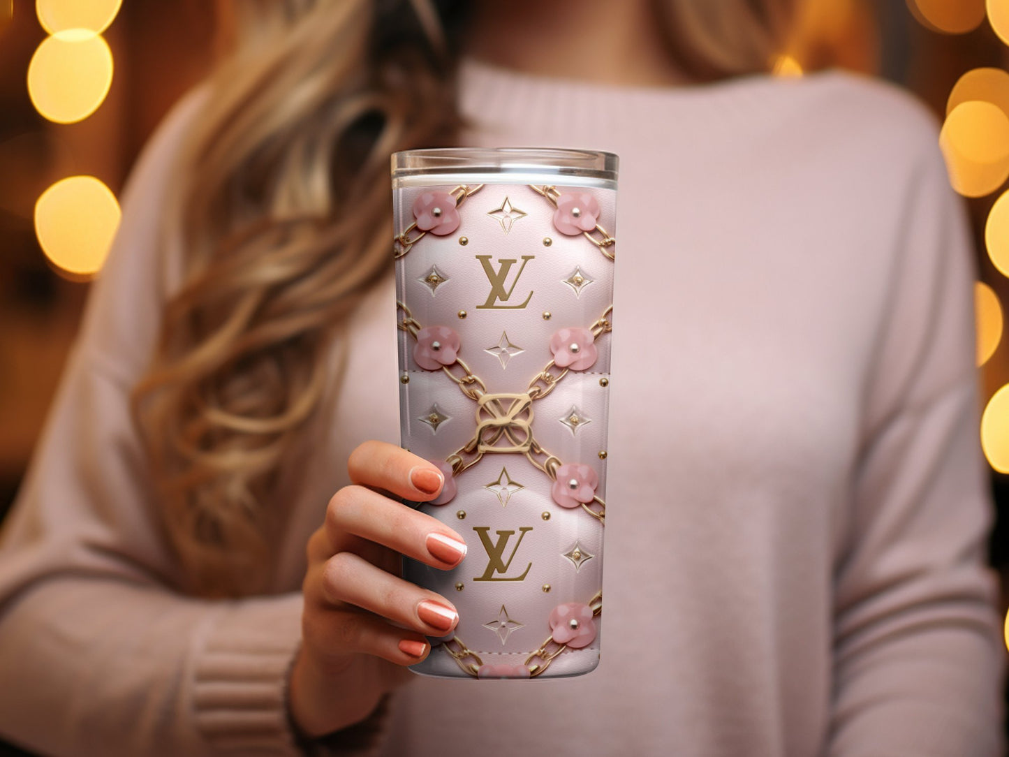 Luxury Quilted Pattern Tumbler, Designer Inspired Pink Gold Drinkware, Chic Fashion Cup, Gift for Her, Elegant Coffee Mug, Travel Tumbler