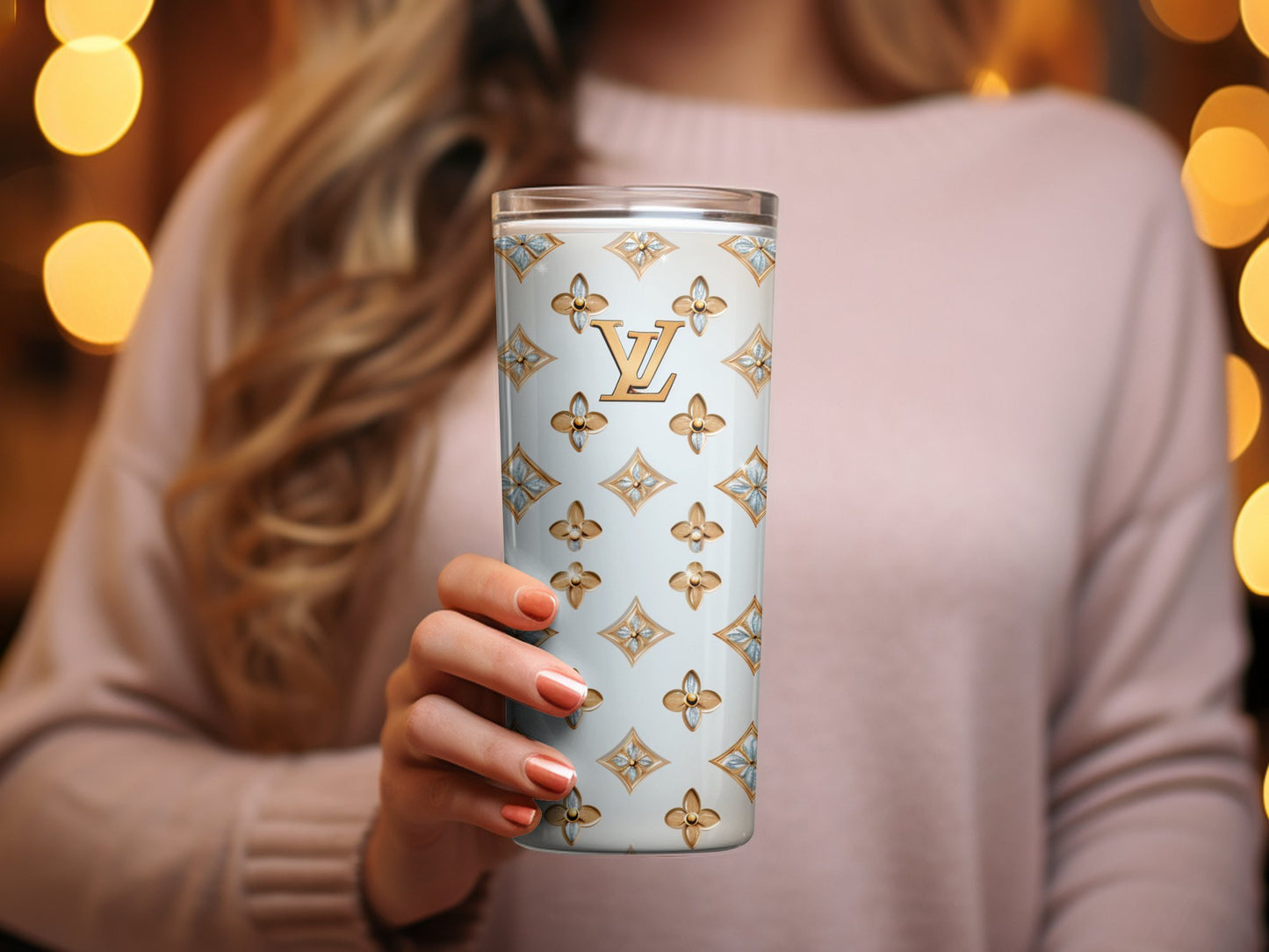 Designer Inspired Luxury Pattern Tumbler, Elegant Beige Gold Drinkware, Chic Coffee Cup Travel Mug, Unique Gift Idea