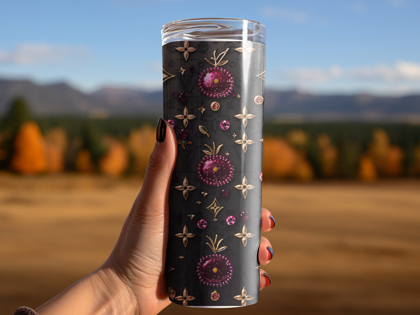 Black and Purple Fruit 20oz Skinny Louis Vuitton Tumbler Wrap Fashion Tumbler Wrap Luxury Tumbler Wrap Glitter Tumbler Wrap