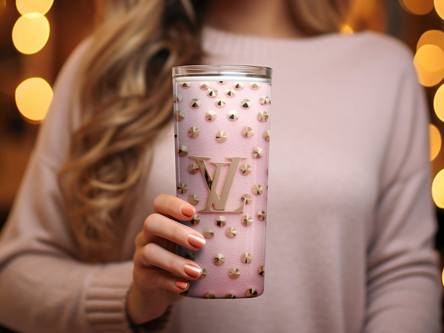 Designer Inspired Pink Tumbler with Gold Studs and Logo Motif, Elegant Travel Cup, Fashionable Drinkware for Her