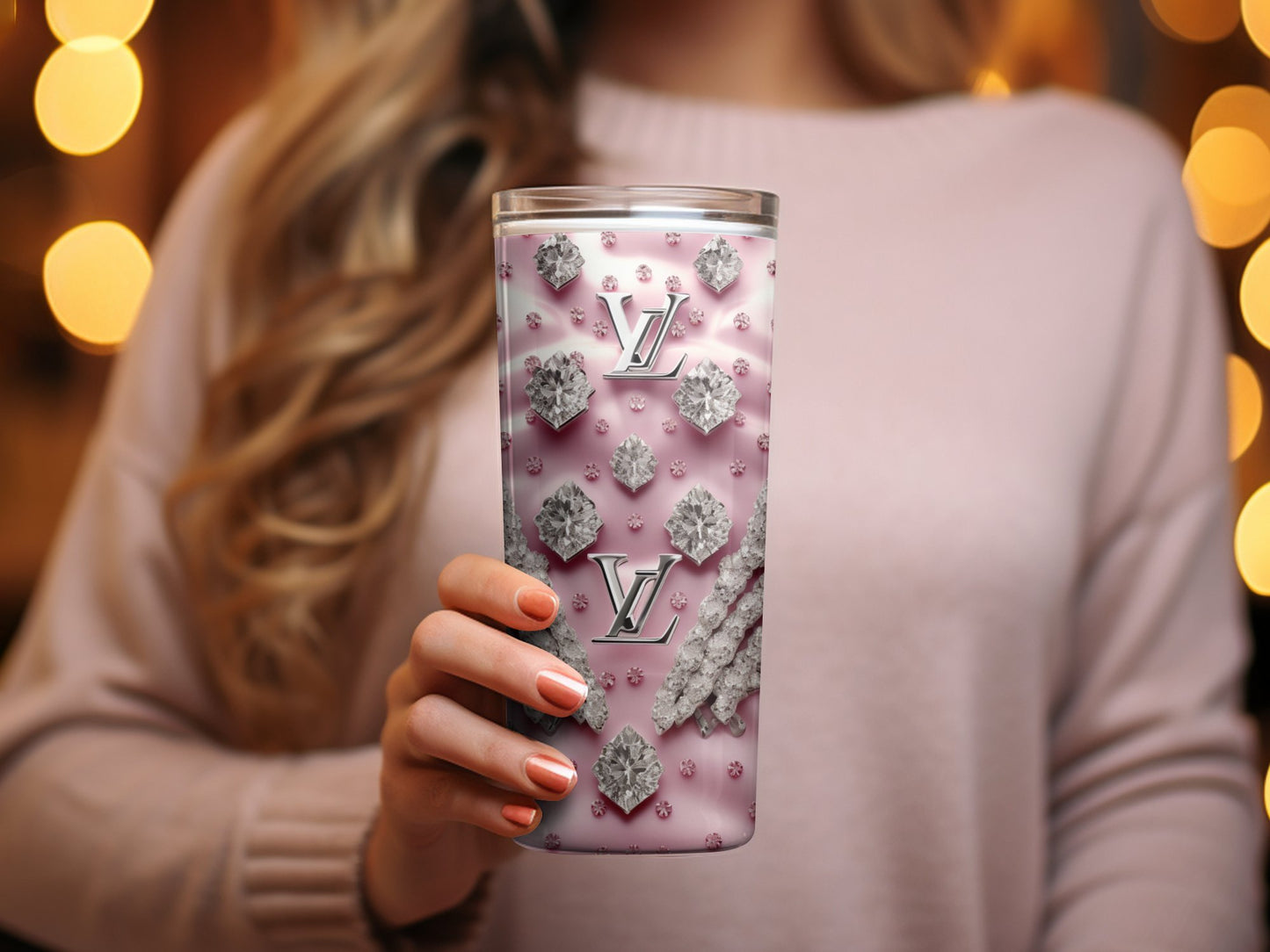 Luxurious Monogram Tumbler, Elegant Pink Crystal Diamond Custom Cup, Unique Designer Gift