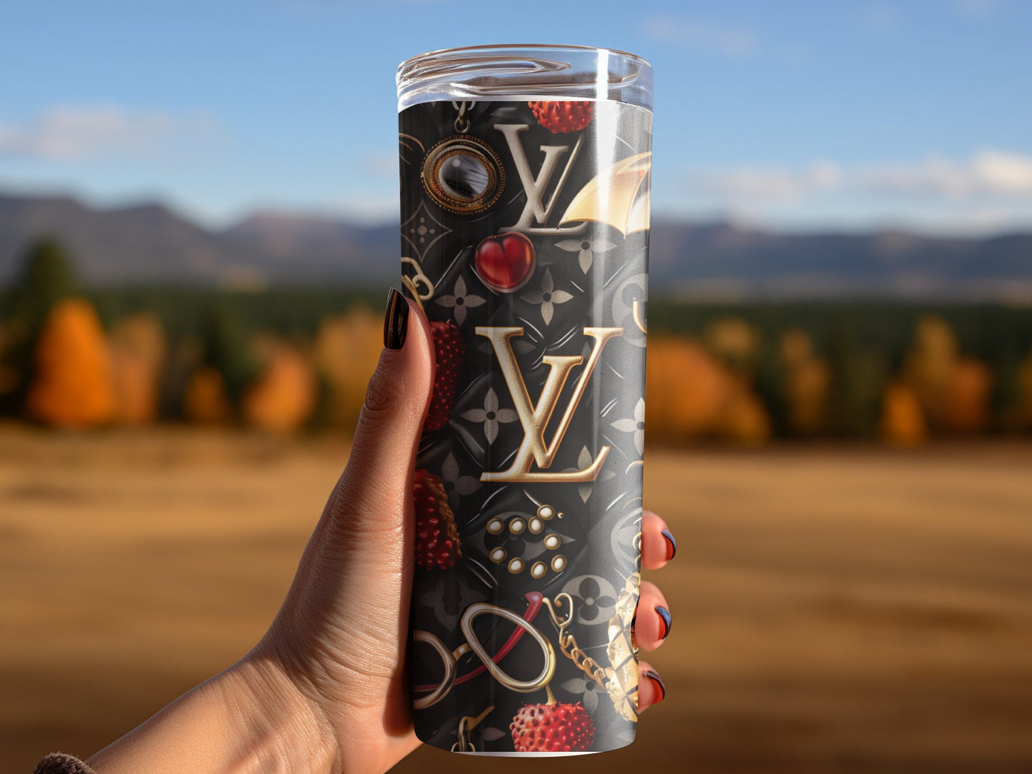 Red Black Strawberry Fruit 20oz Skinny Louis Vuitton Tumbler Wrap Fashion Tumbler Wrap Luxury Tumbler Wrap Glitter Tumbler Wrap