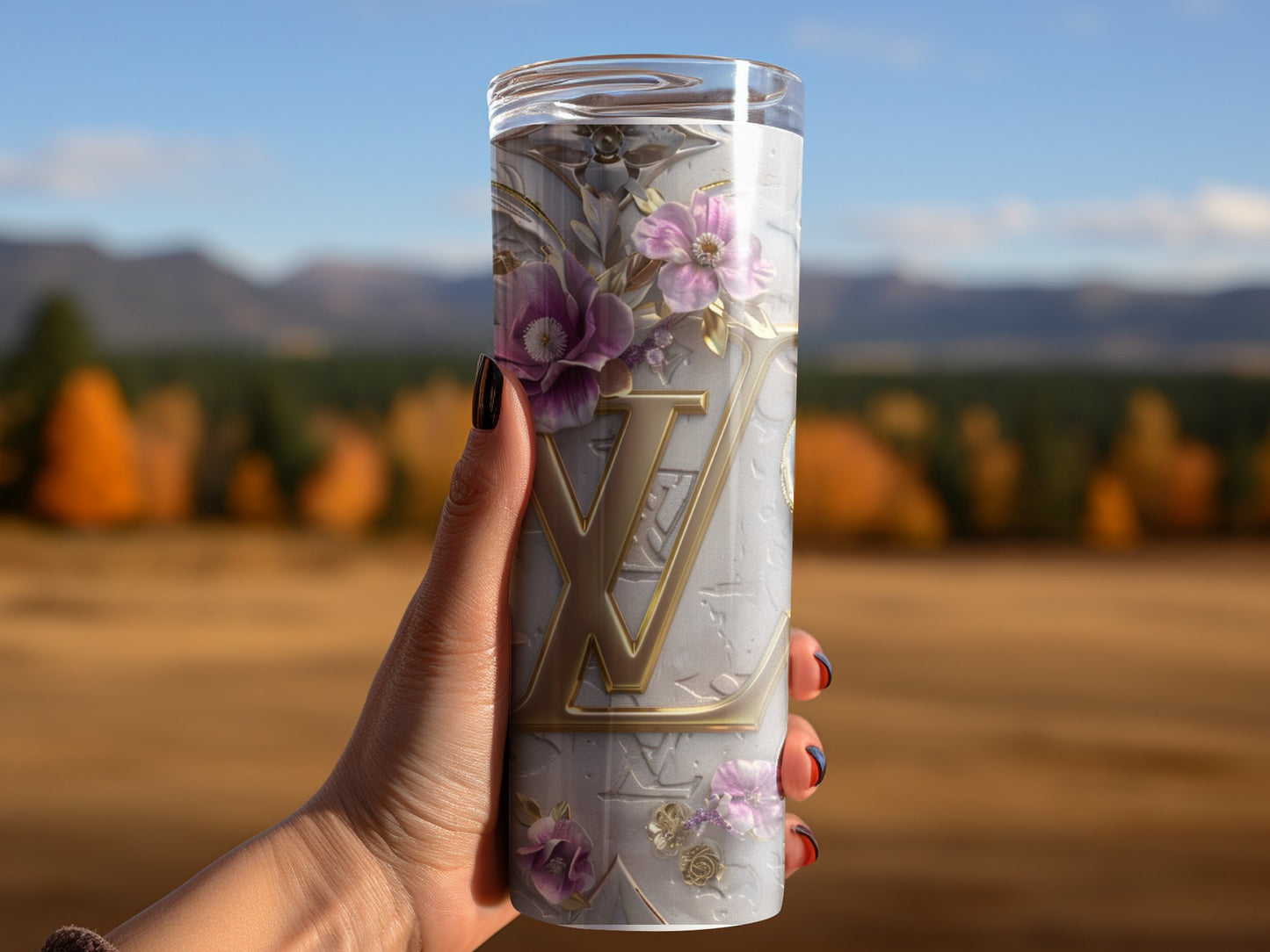 Beige White Flower 20oz Skinny Louis Vuitton Tumbler Wrap Fashion Tumbler Wrap Luxury Tumbler Wrap Glitter Tumbler Wrap