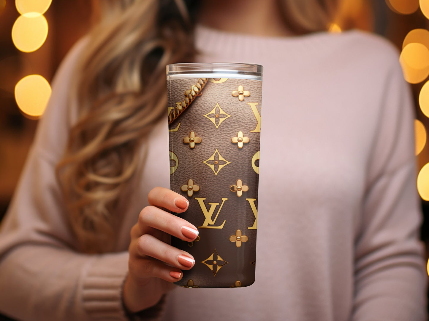 Designer Pattern Tumbler, Stylish Brown Gold Drinkware, Elegant Coffee Mug, Insulated Travel Cup