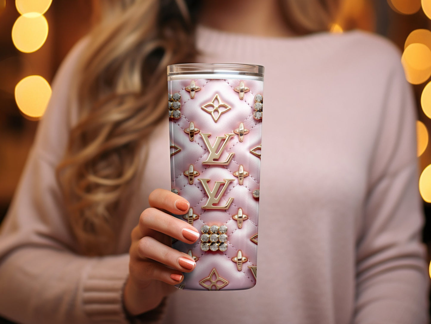 Designer Inspired Luxury Pattern Tumbler, Pink Quilted Tumbler with Gold Accents, Elegant Drinkware, Fashion Tumbler Gift Idea