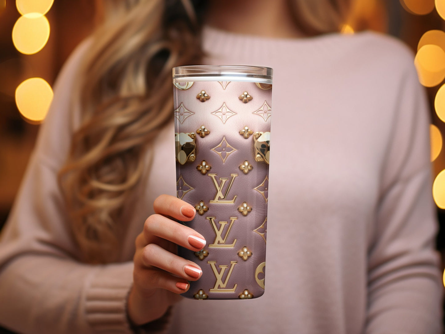 Luxury Designer Pattern Tumbler, Gold Studs and Logo on Pink, Chic Fashion Drinkware, Unique Gift Idea