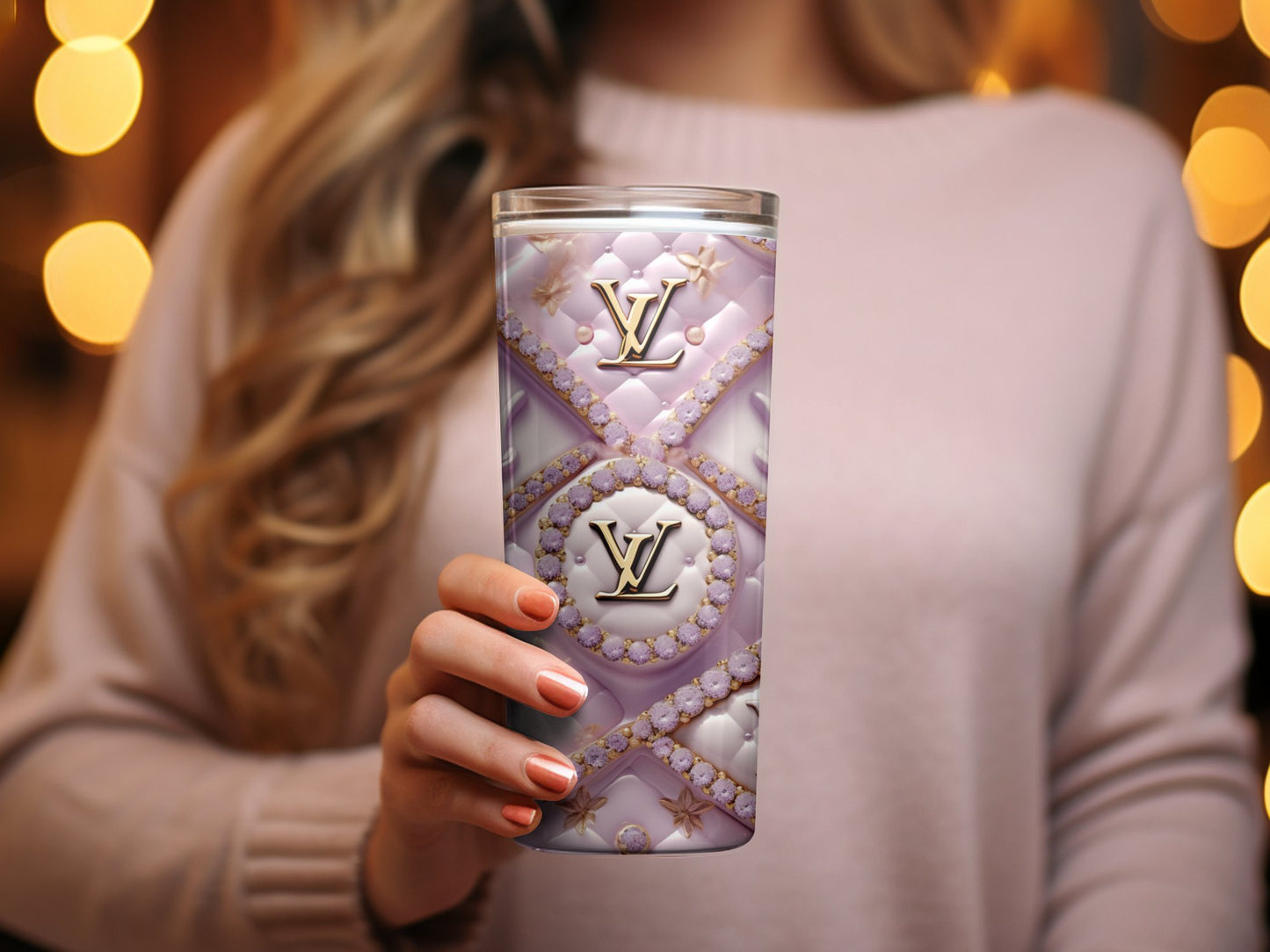 Luxury Brand Inspired Pink Quilted Tumbler, Elegant Travel Cup, Designer Coffee Mug, Gift for Her