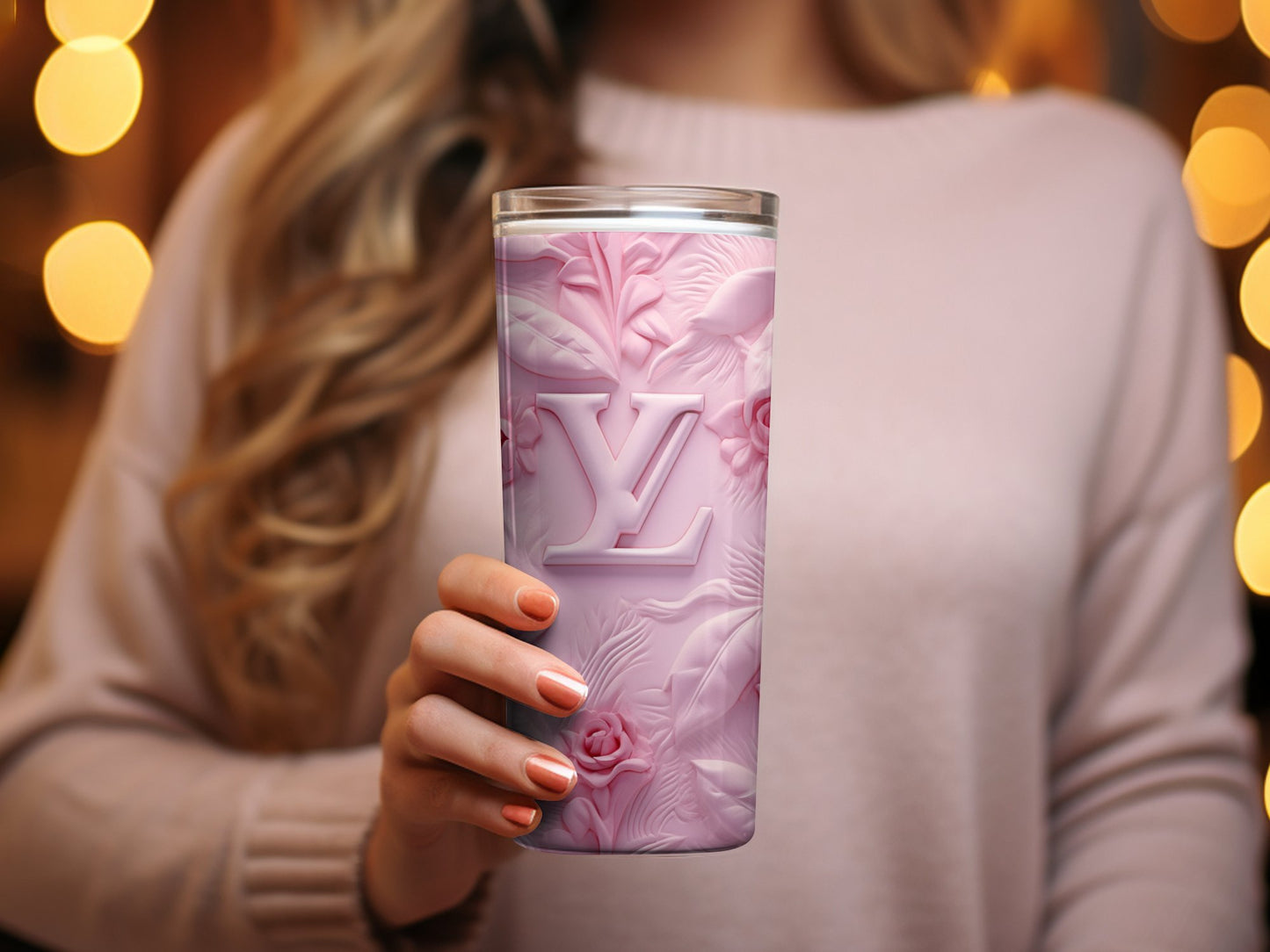 Pink Floral Botanical Tumbler, Elegant Monogram Insulated Cup, Unique Gift Idea, Personalized Chic Travel Mug, Feminine Coffee Tumbler