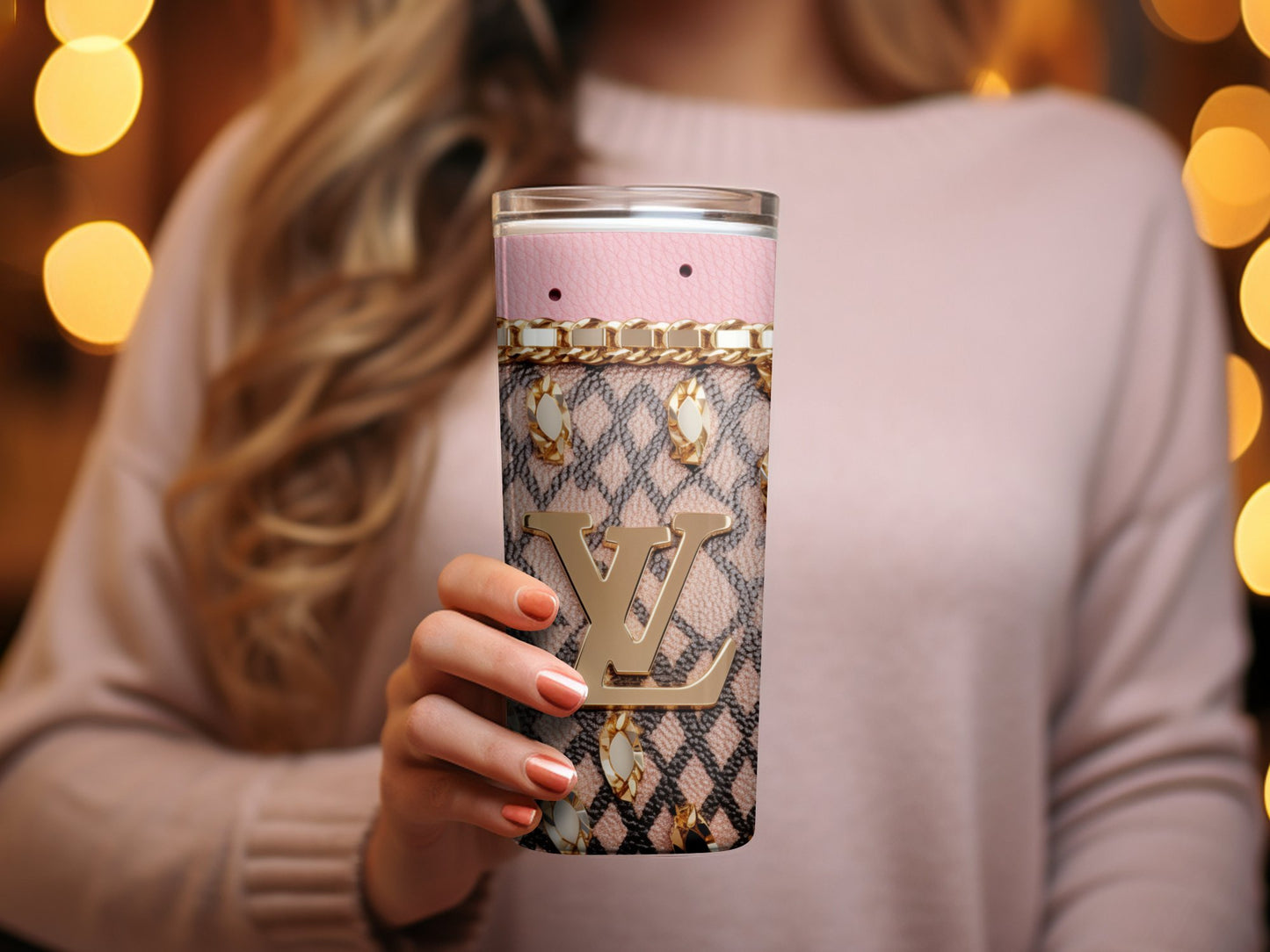 Designer Inspired Pink Tumbler, Fashion Logo, Elegant Travel Cup, Crystal Studded, Gift for Her