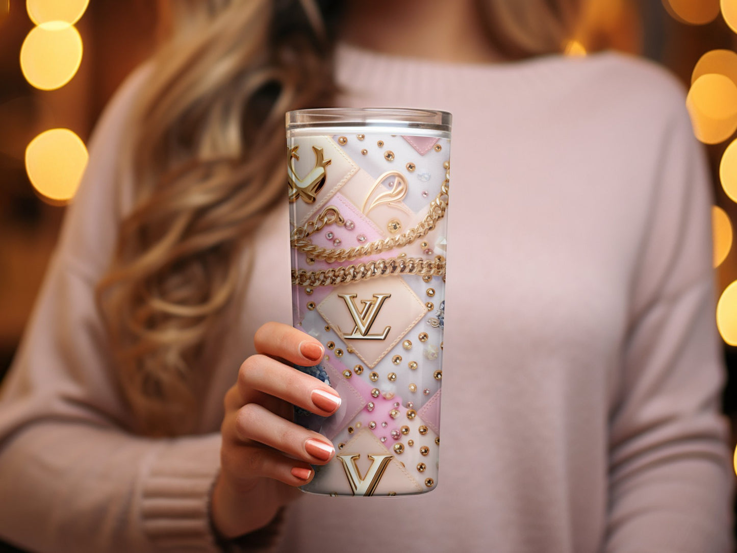 Designer Inspired Tumbler, Luxury Brand Pattern, Fashion Drinkware, Chic Gift, Trendy Accessory, Elegant Coffee Cup, Travel Mug