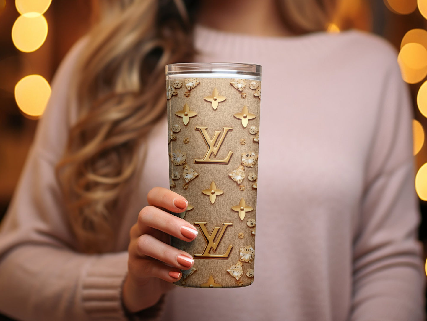 Luxury Brand Inspired Tumbler, Designer Monogram Print, Elegant Gold Coffee Mug, Travel Cup Gift