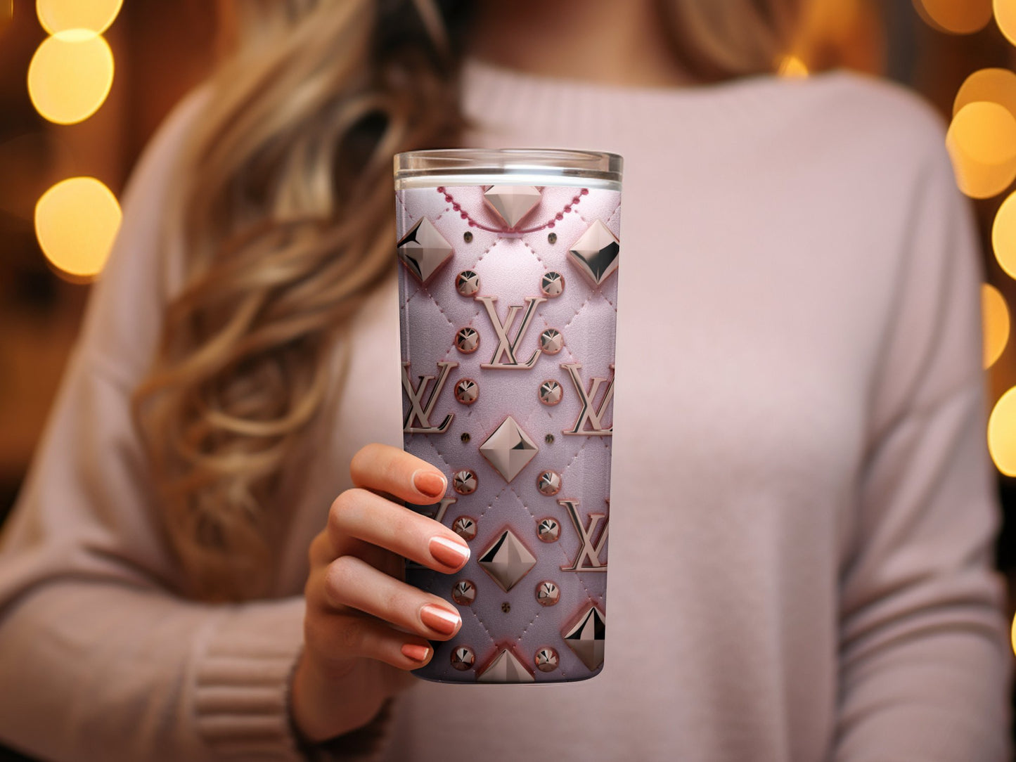 Luxury Designer Pattern Tumbler, Elegant Geometric Pink Tumbler Gift, Unique Coffee Travel Mug, Fashionista Drinkware, Chic Hydration