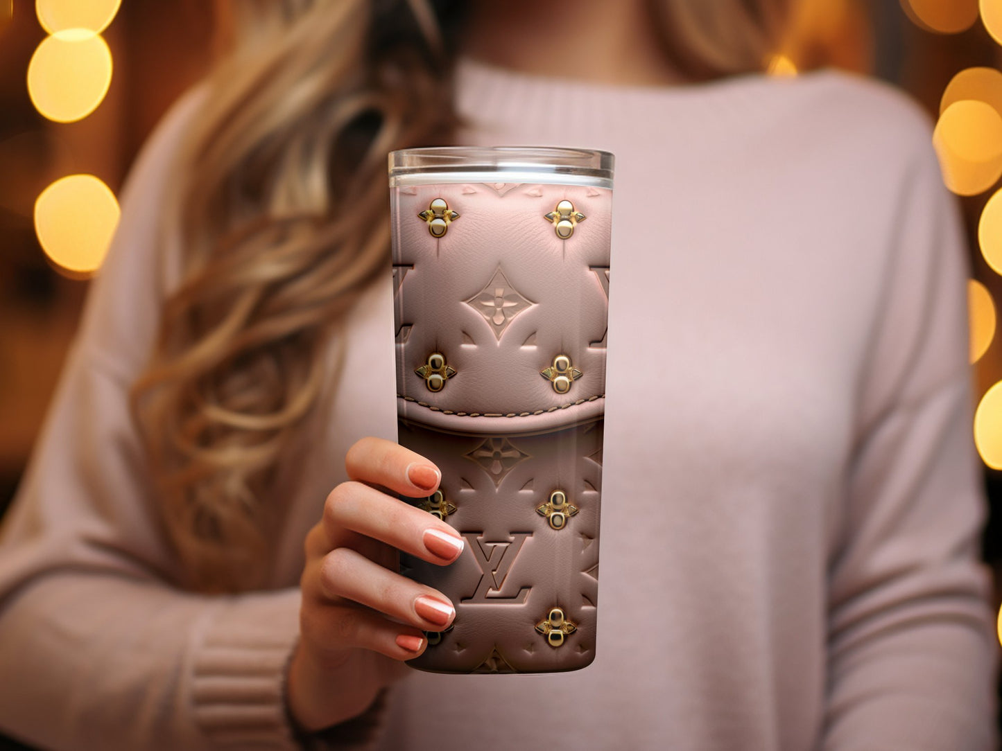 Elegant Pink Tumbler with Gold Accents, Luxury Style Travel Cup for Coffee, Stylish Designer Inspired Drinkware, Unique Gift Idea