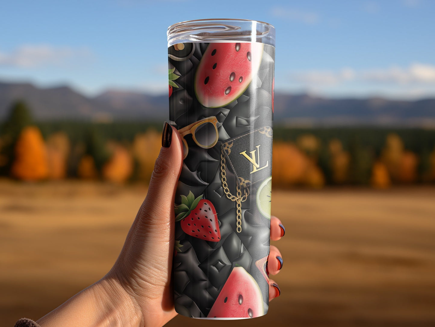 Red Black Strawberry Fruit 20oz Skinny Louis Vuitton Tumbler Wrap Fashion Tumbler Wrap Luxury Tumbler Wrap Glitter Tumbler Wrap