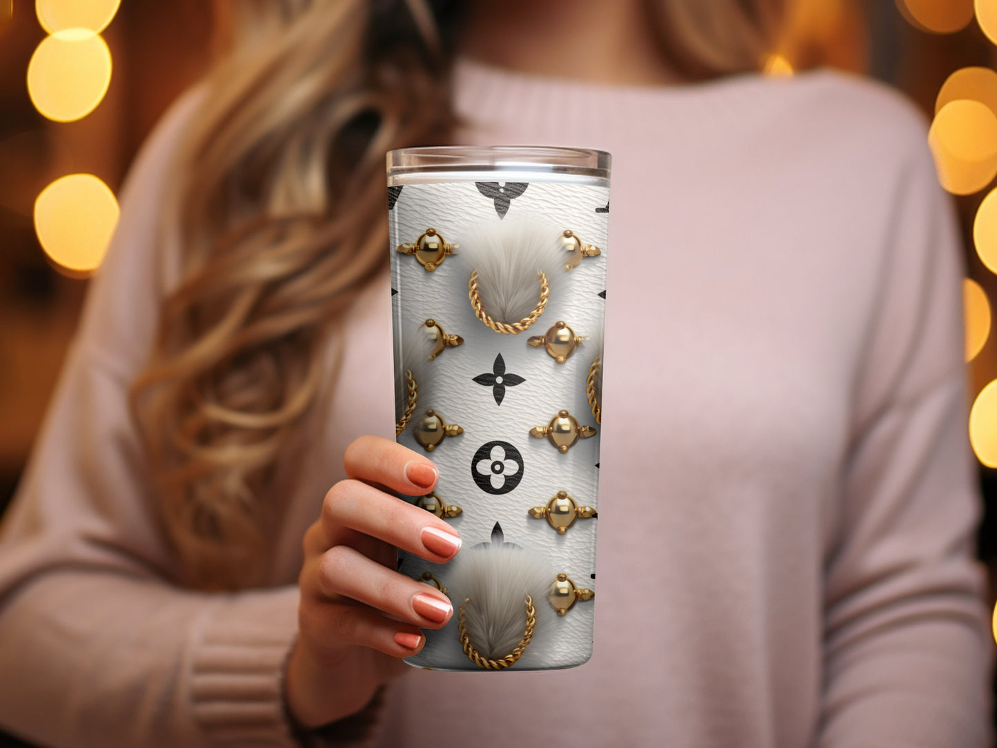 Designer Inspired Tumbler, Luxury Fashion Print Travel Mug, Elegant Gold Chain Cup, Faux Fur Accent Drinkware, Gift for Her