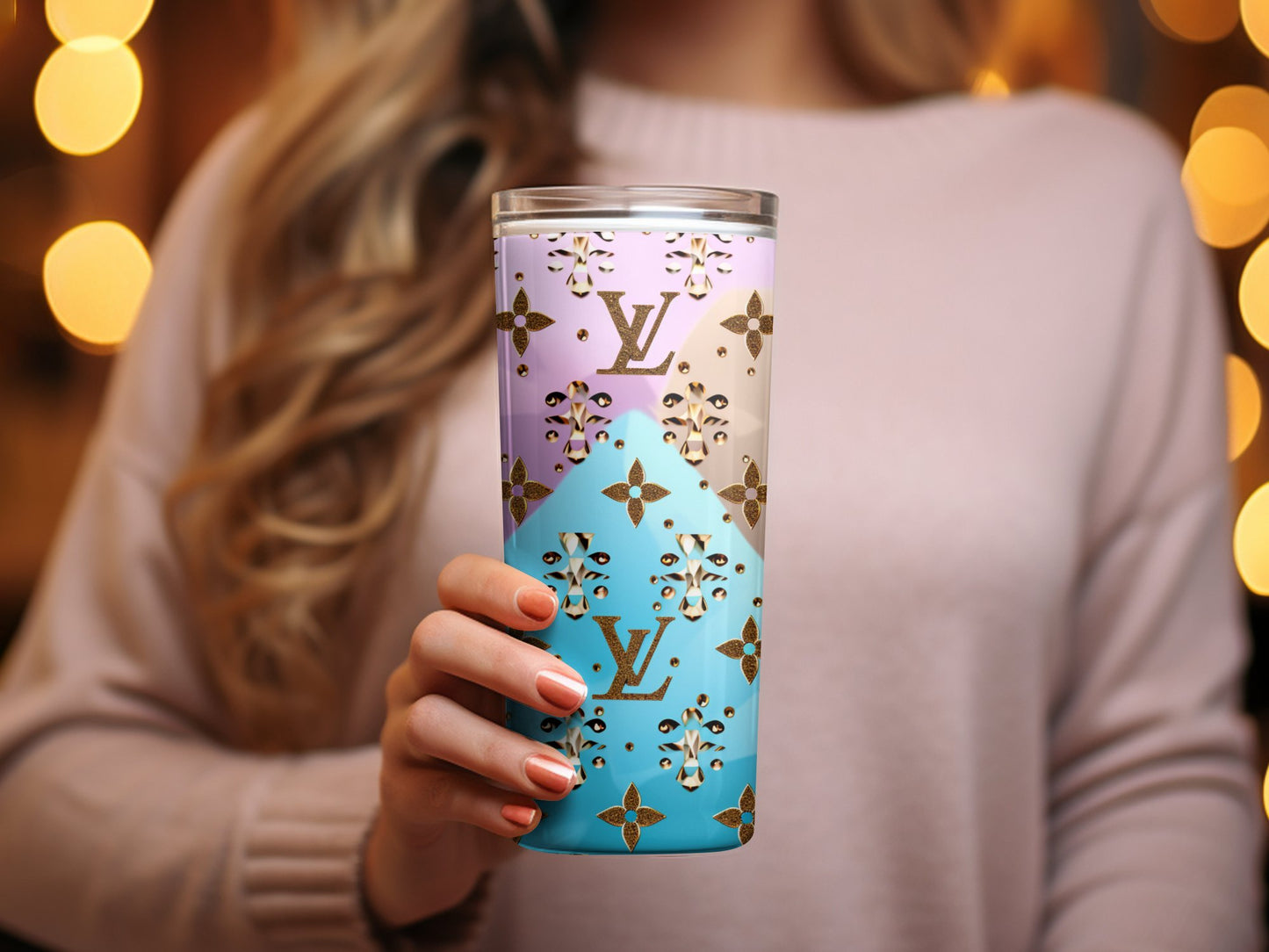 Designer Pattern Tumbler, Chic Fashion Logo Drinkware, Insulated Coffee Cup, Travel Mug Gift, Stylish Beverage Holder, 20oz Skinny