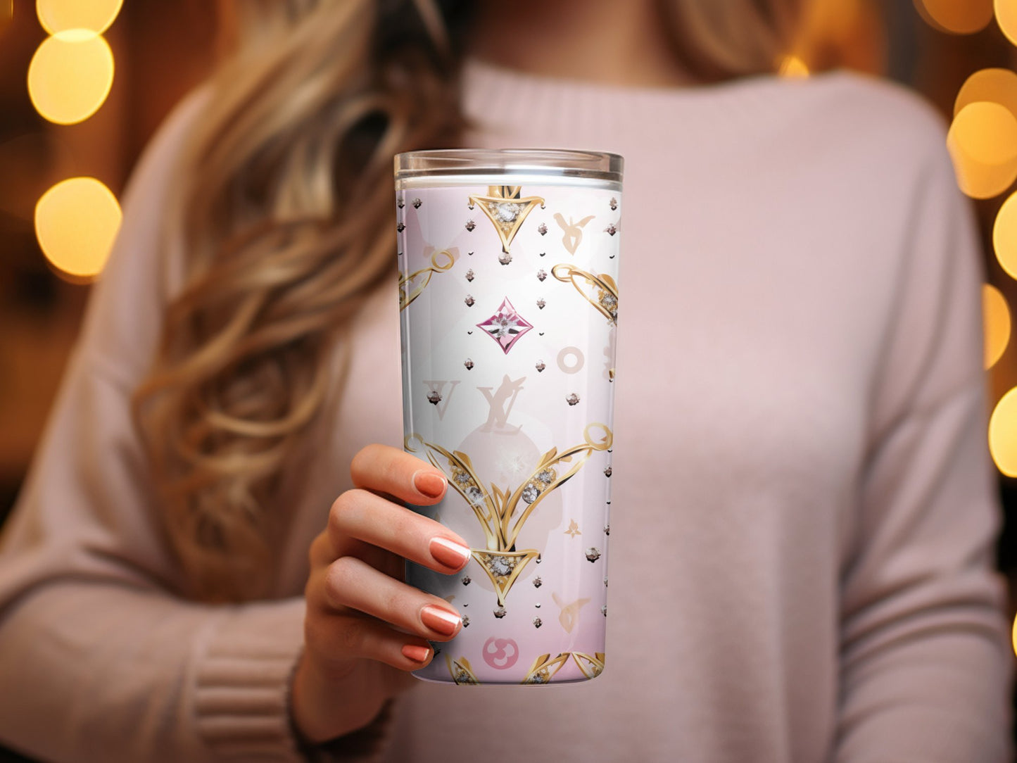 Luxury Brand Inspired Tumbler, Pink Gold Diamond Graphic Travel Mug, Elegant Designer Drinkware, Gift for Fashion Lovers