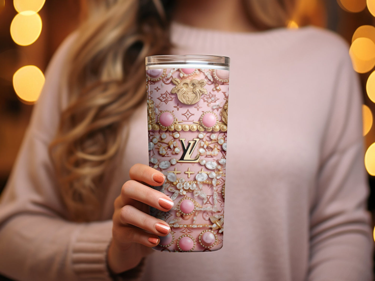 Luxury Brand Inspired Tumbler, Pink Pearl Golden Charm, Designer Coffee Travel Mug, Gift for Her, Stylish Drinkware, Elegant Accessory