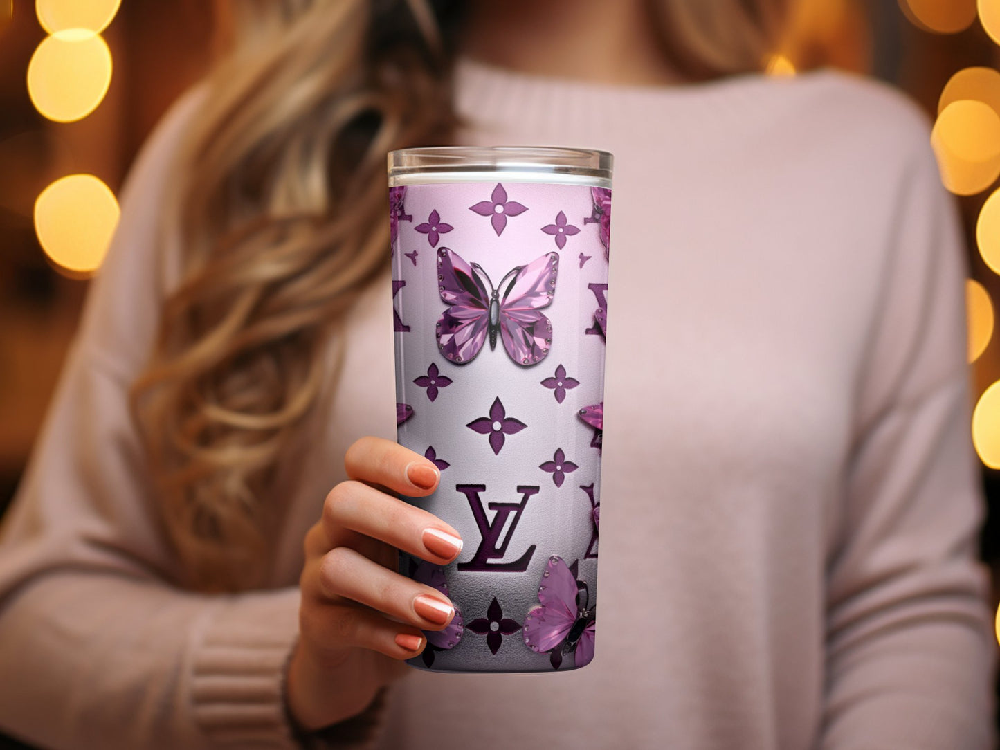 Pink Butterfly Tumbler, Elegant Insulated Cup, Travel Mug with Butterflies, Unique Coffee Tumbler, Gift for Her, Girly Drinkware