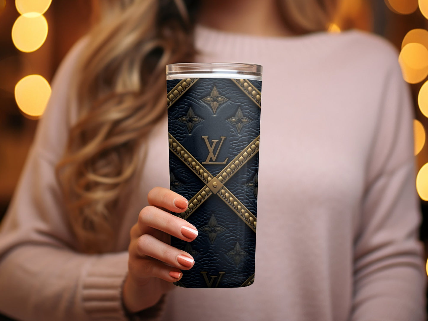 Designer Inspired Tumbler, Luxury Fashion Travel Cup, Elegant Coffee Mug, Unique Gift Idea, Chic Drinkware, Designer Pattern Tumbler