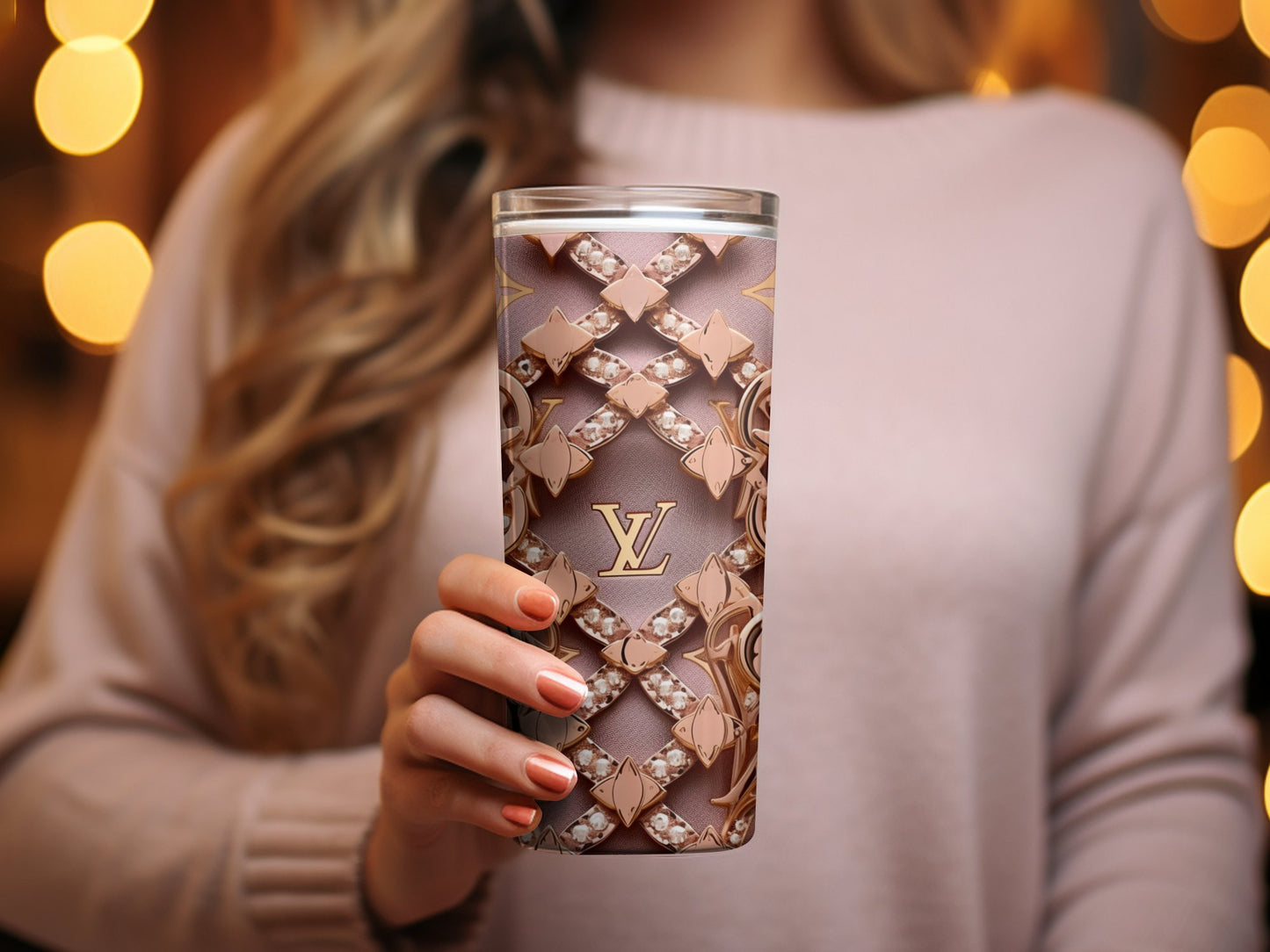 Rose Gold Designer Inspired Patter yan Tumbler, Luxury Fashion Drinkware, Chic Stainless Steel Cup