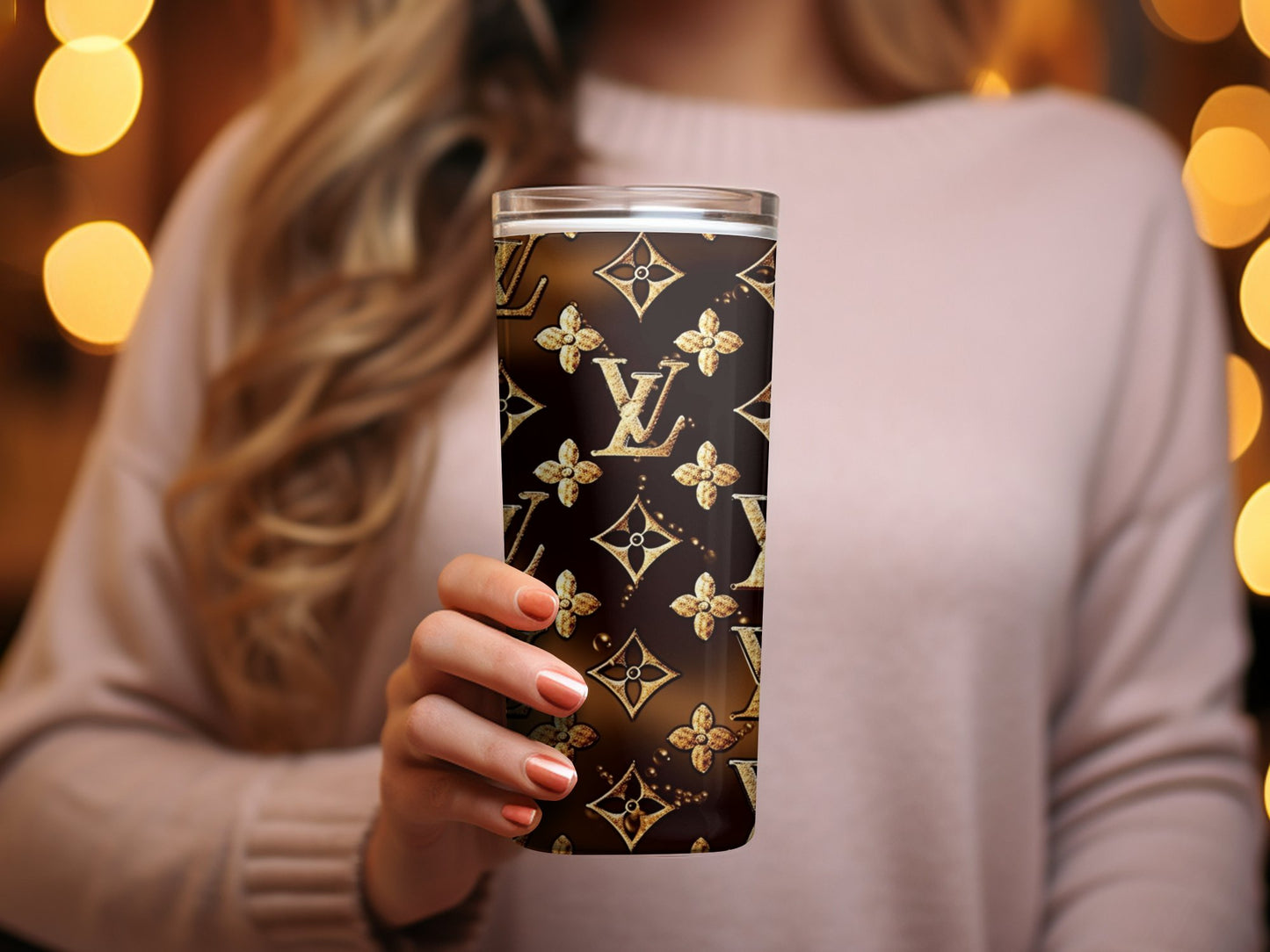 Luxury Brand Inspired Tumbler, Gold Monogram Sparkle, Designer Style Travel Cup, Fashion Coffee Mug, Gift Idea, Stylish Hydration