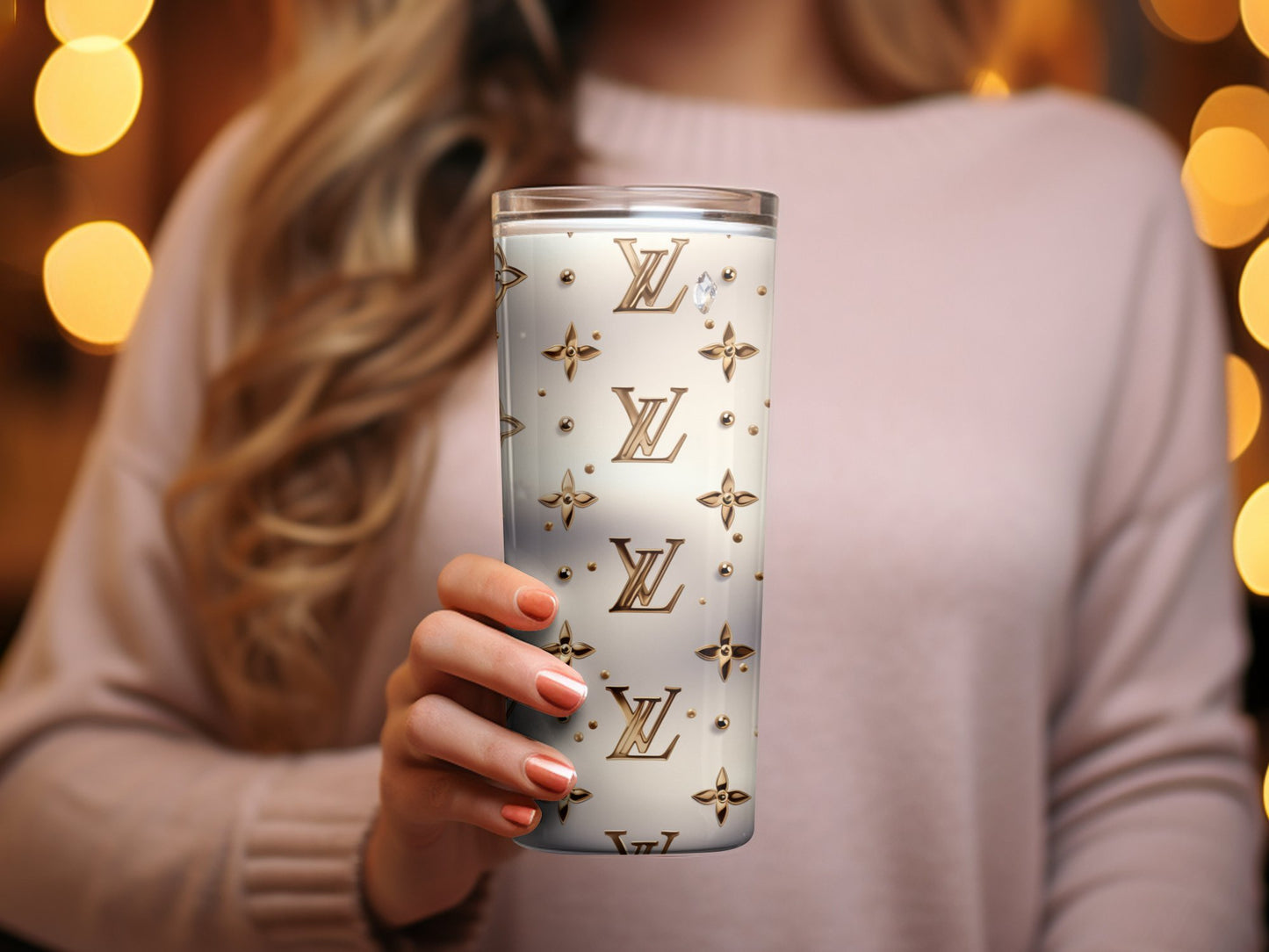 Designer Pattern Tumbler, Chic Fashion Logo Drinkware, Insulated Coffee Cup, Travel Mug Gift, Stylish Beverage Holder, 20oz Skinny