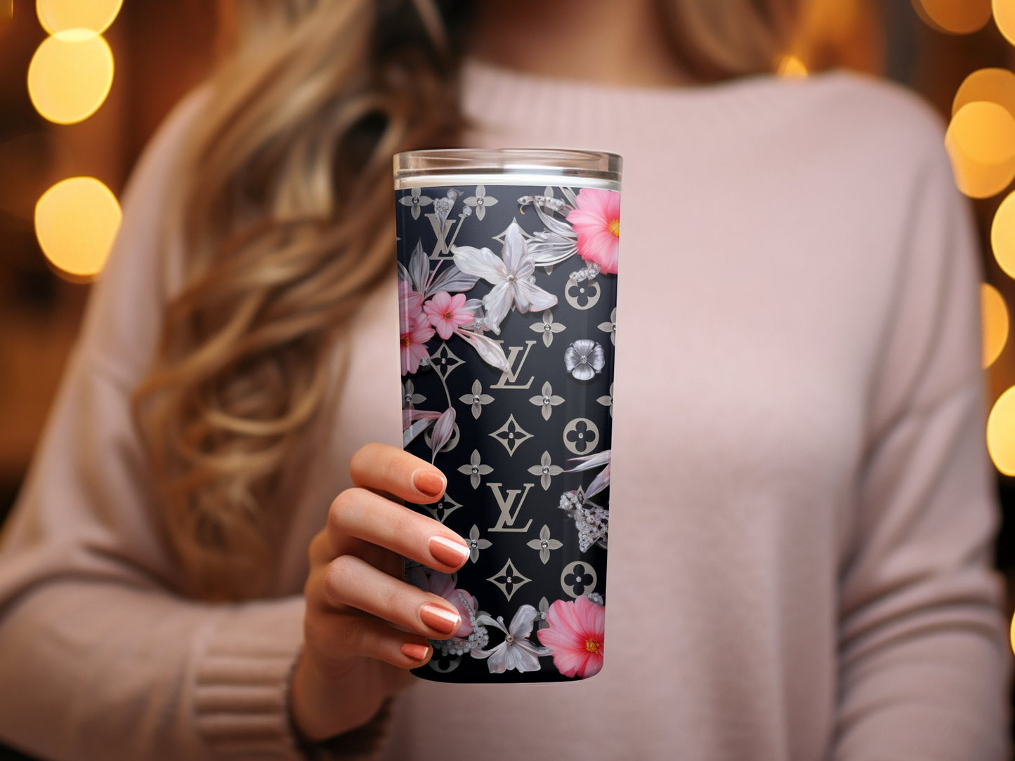 Designer Inspired Floral Tumbler, Luxury Fashion Flowers and Diamonds, Chic Insulated Drinkware, Unique Gift Idea, High-end Style Cup