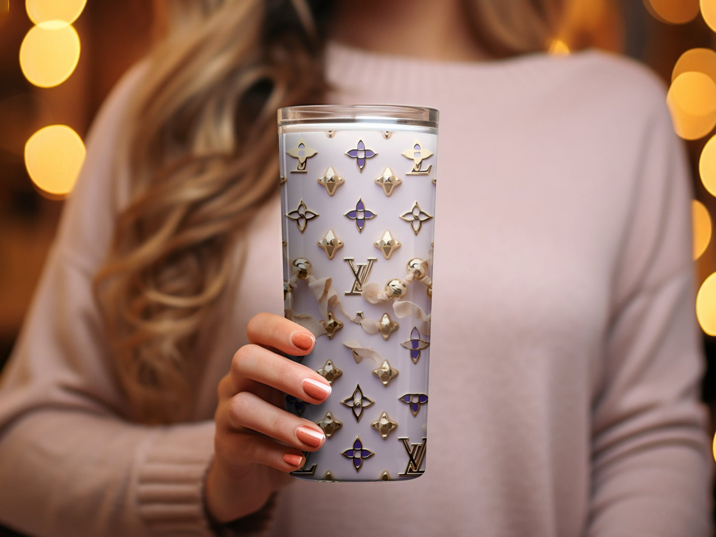 Luxury Brand Inspired Tumbler, Gold Accents and Designer Logos, Elegant Gift, Chic Coffee Cup, Fashion Lover Drinkware