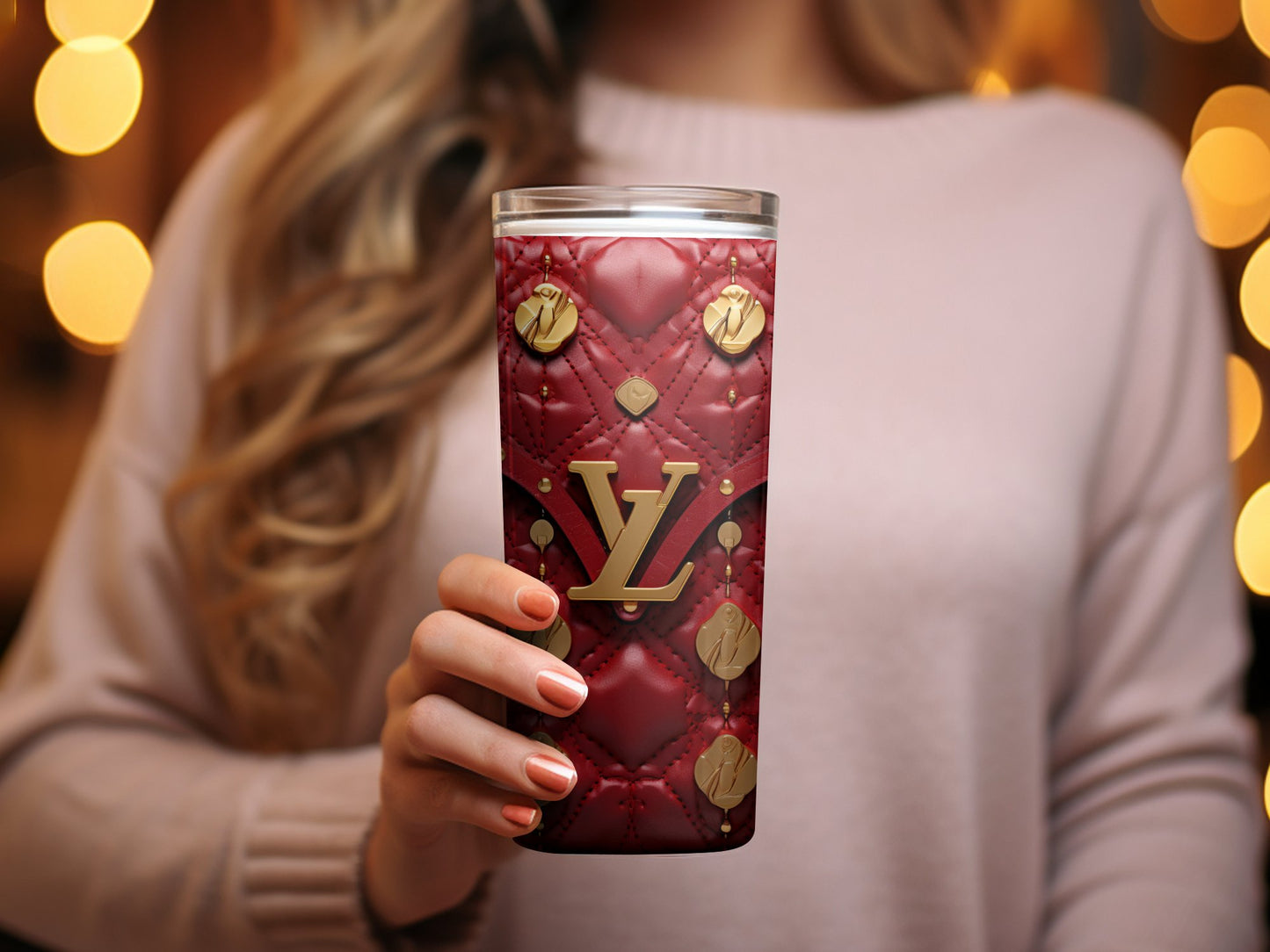 Luxurious Red Quilted Tumbler, Designer Inspired Drinkware, Elegant Office Accessory, Chic Coffee Cup, Unique Gift Idea