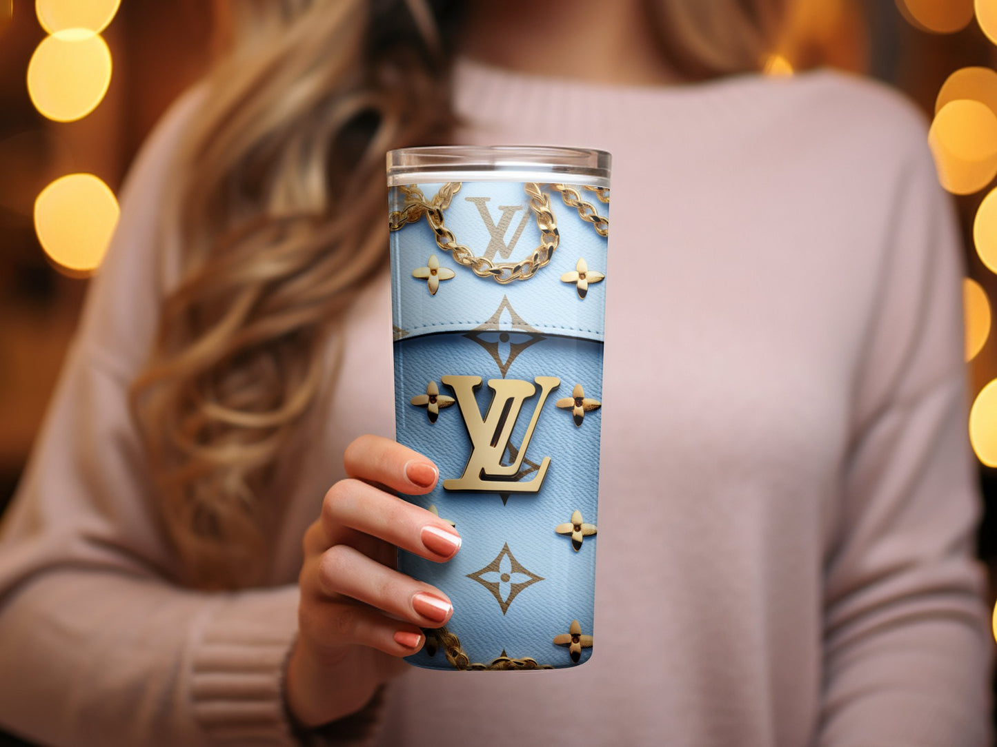 Designer Inspired Blue and Gold Tumbler, Luxurious Fashion Drinkware, Perfect Gift for Style Enthusiasts