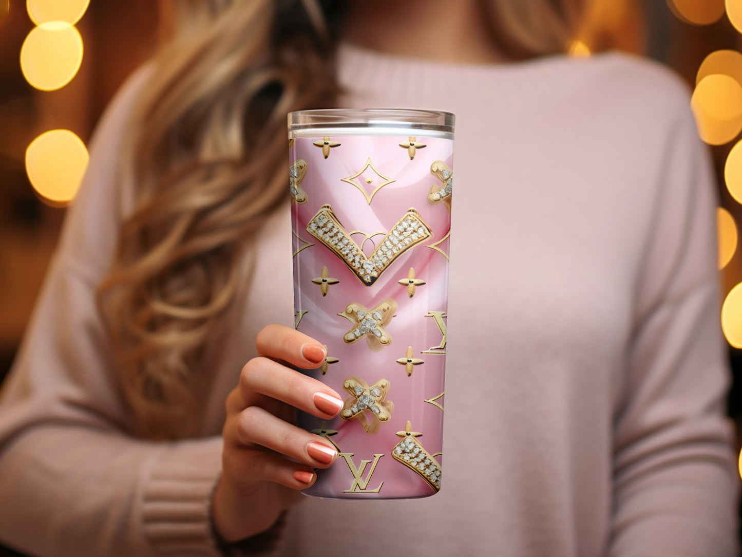 Luxury Brand Inspired Gold Glitter Tumbler, Designer Coffee Cup for Fashion Lovers, Unique Gift Idea